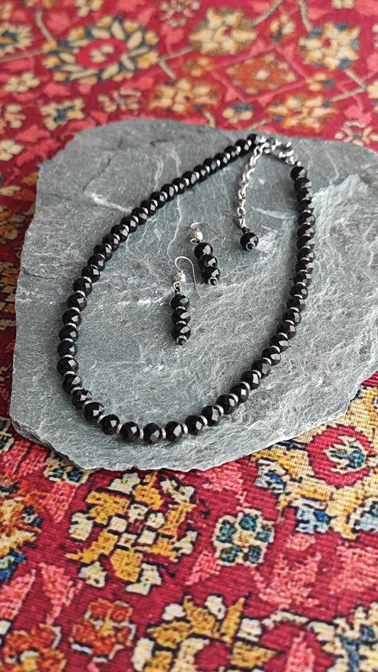 Jet Black Liuli Beaded Necklace Earring Set, Hematite Spacer, 925 Sterling Silver Hook, Gothic Elegant Glass Jewelry Set, 42-50cm