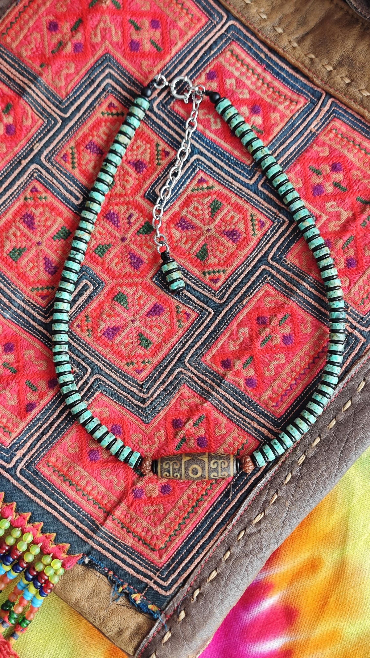 Vintage Tibetan Dzi Bead Turquoise Choker, Rudraksha Mala, Coconut Shell, Tribal Amulet Necklace