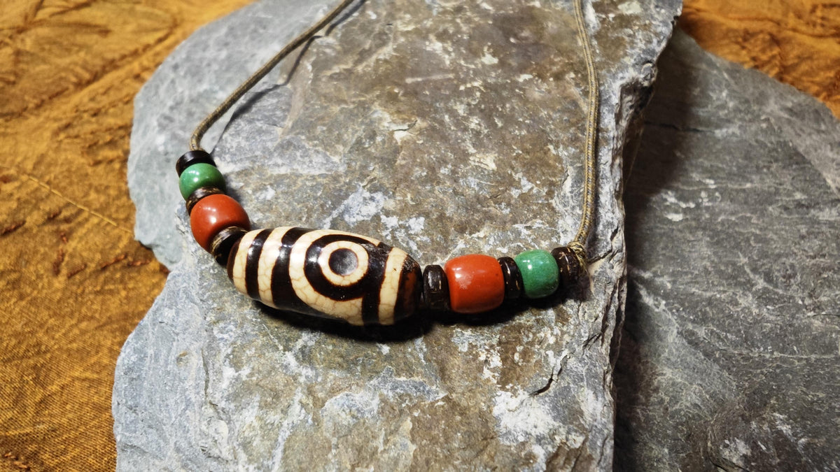 Vintage Tibetan Dzi Bead Necklace, Nan Hong Red Agate, Turquoise Tribal Pendant (40-60cm)