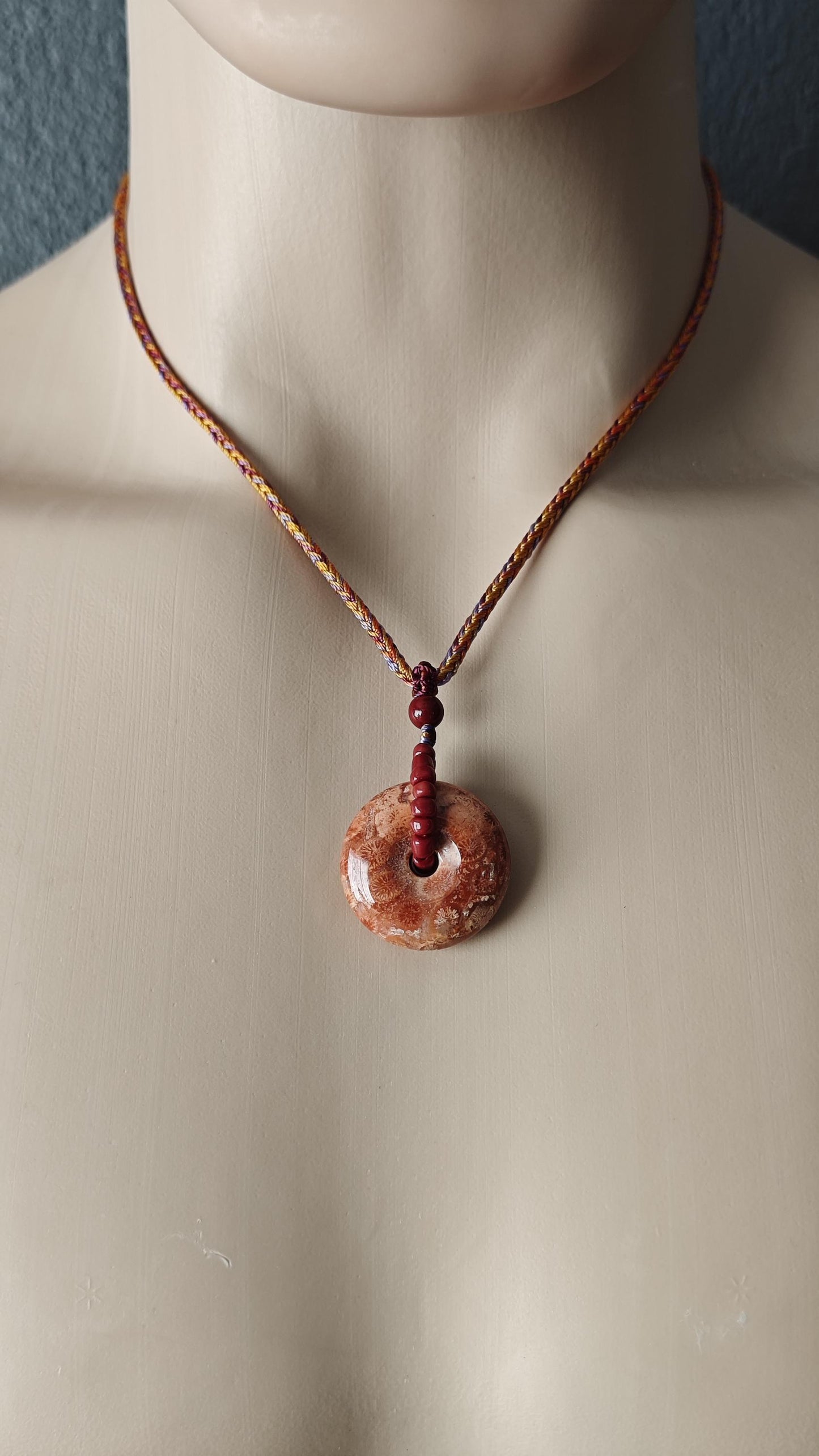 Fossil Coral Donut Pendant Necklace, Fossilized Coral Pi Disc, Tribal Boho Gemstone Amulet, Hand Braided Cord, Adjustable 40-60cm