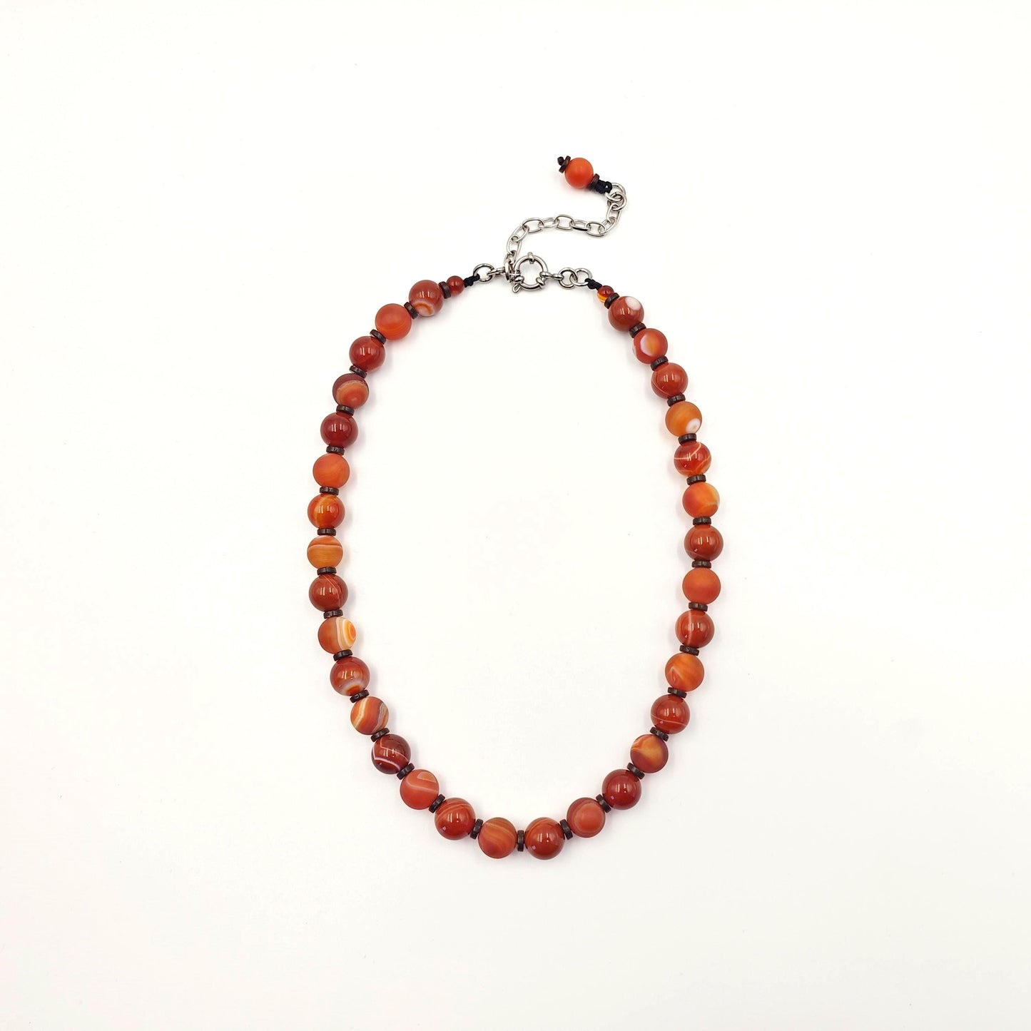 Banded Agate Beaded Necklace, Red Brown Matte & Glossy Gemstone Choker, Earthy Boho Jewelry, Coconut Shell Spacers, Unisex Adjustable 47cm
