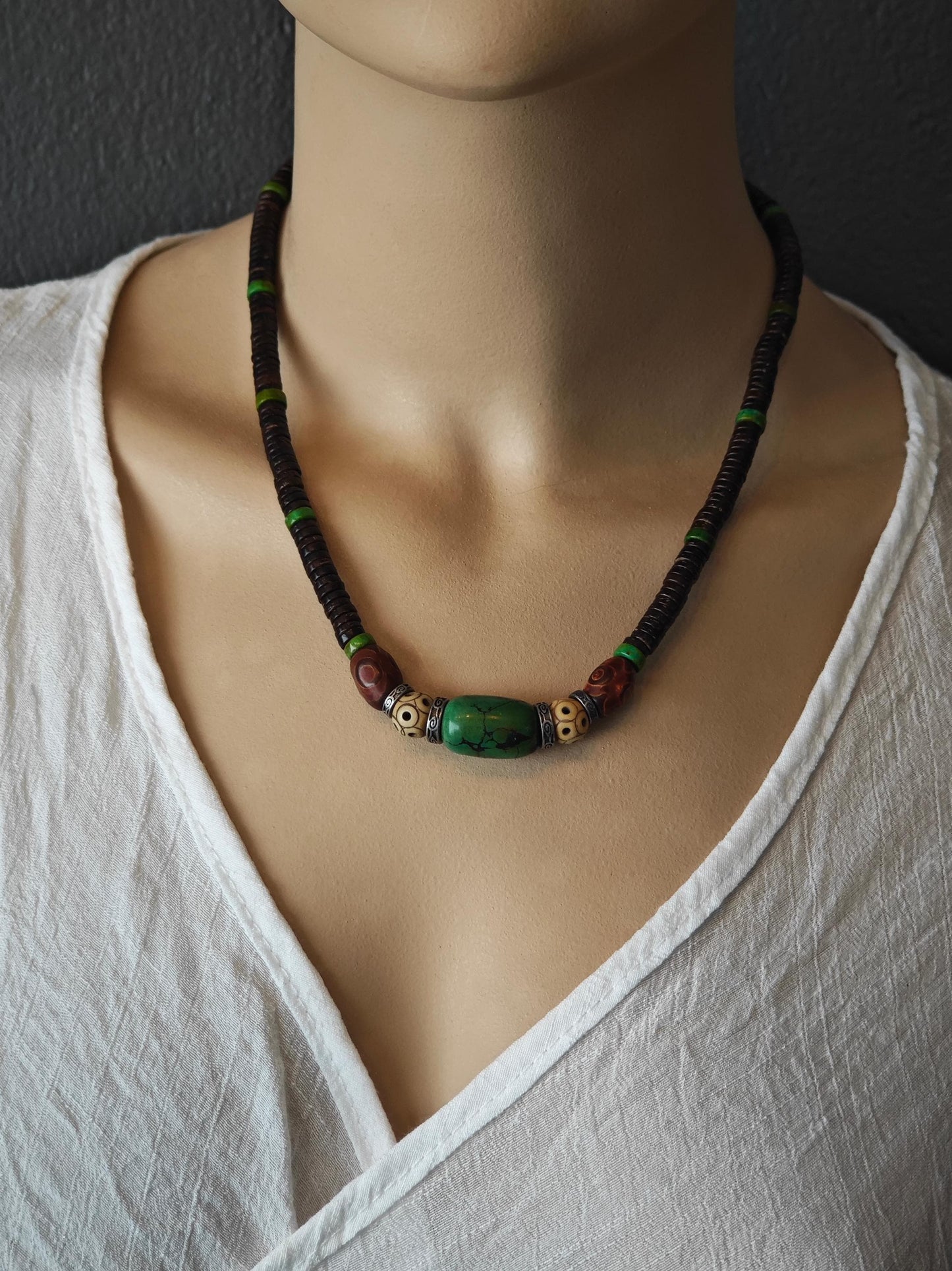 Handmade Turquoise Yak Bone Dzi Bead Necklace | Ethnic Tibetan Tribal Bohemian Jewelry