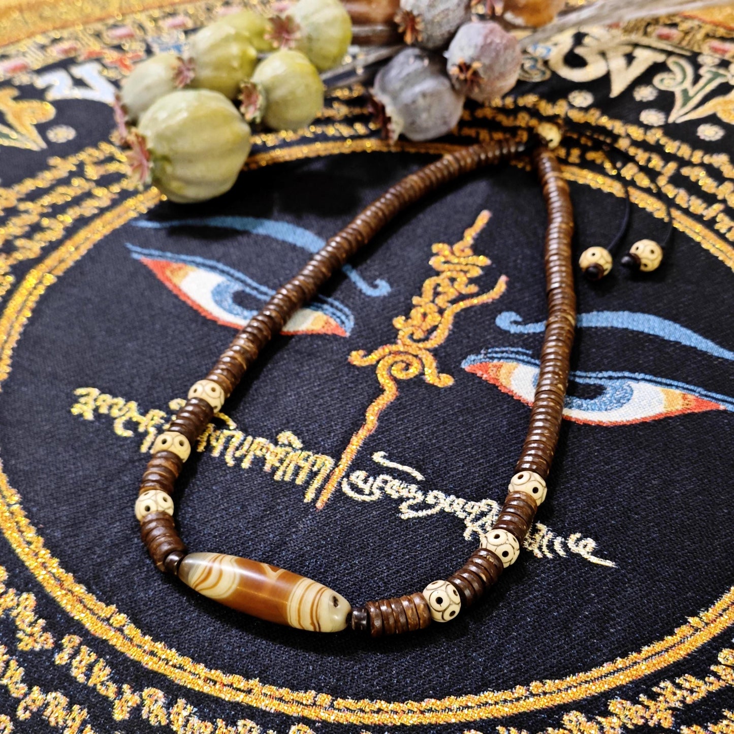 Tibetan Sardonyx Agate Dzi Bead Necklace, Yak Bone, Coconut Shell, Bohemian Spiritual Jewelry