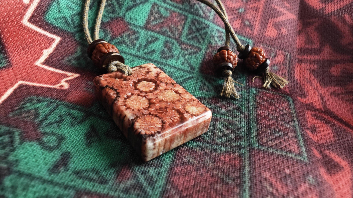 Coral Fossil Pendant Necklace, Rudraksha Mala, Coconut Disc, Tribal Choker (Adjustable 40-60cm)