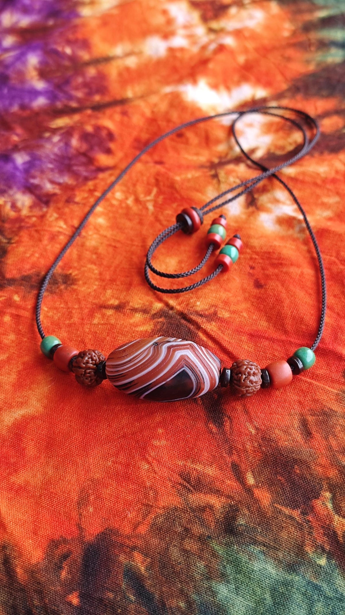 Tibetan Banded Agate Dzi Pendant Necklace, Rudraksha Turquoise Mala, Boho Amulet