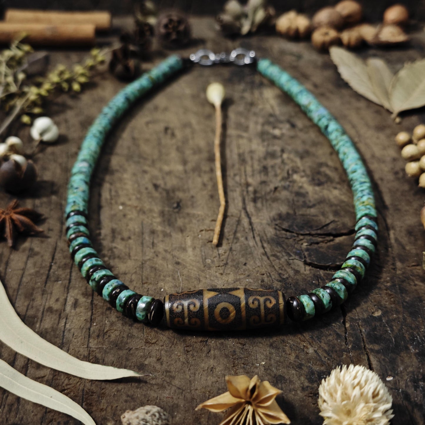 Handmade Vintage Dzi Bead Necklace with Turquoise & Coconut | Ethnic Spiritual Jewelry