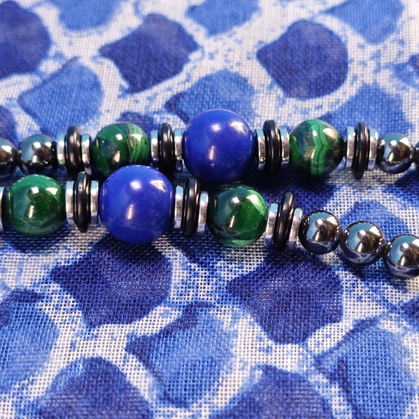 Malachite Lapis Lazuli Hematite Beaded Necklace, Ethnic Boho Double Layer Jewelry