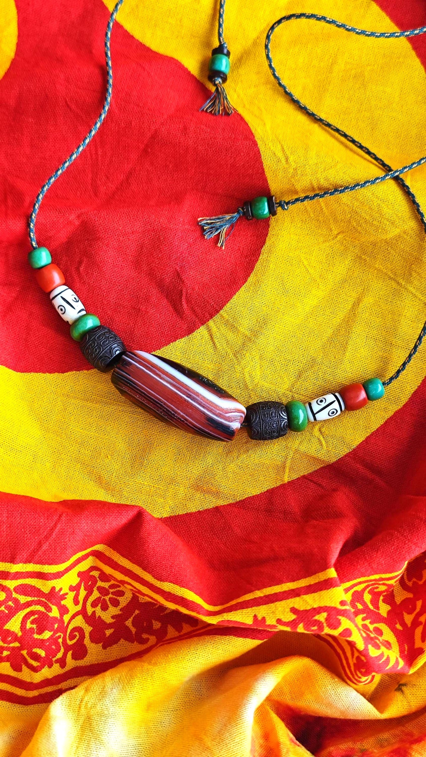 Tibetan Banded Dzi Bead Necklace, Hand Carved Yak Bone & Hardwood, Turquoise Tribal Amulet, Boho Adjustable Cord Choker for Men Women