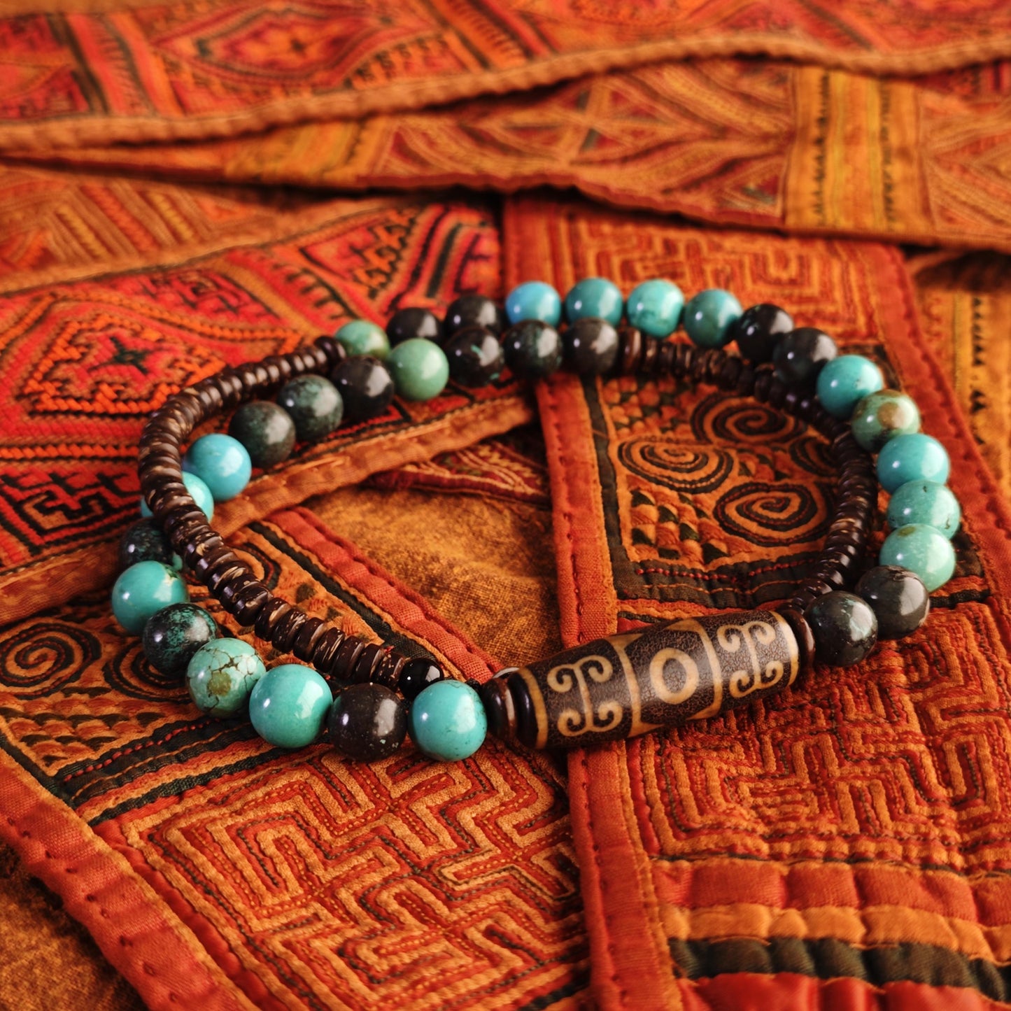 Handmade Vintage Dzi Bead Necklace with Turquoise & Coconut | Ethnic Spiritual Jewelry
