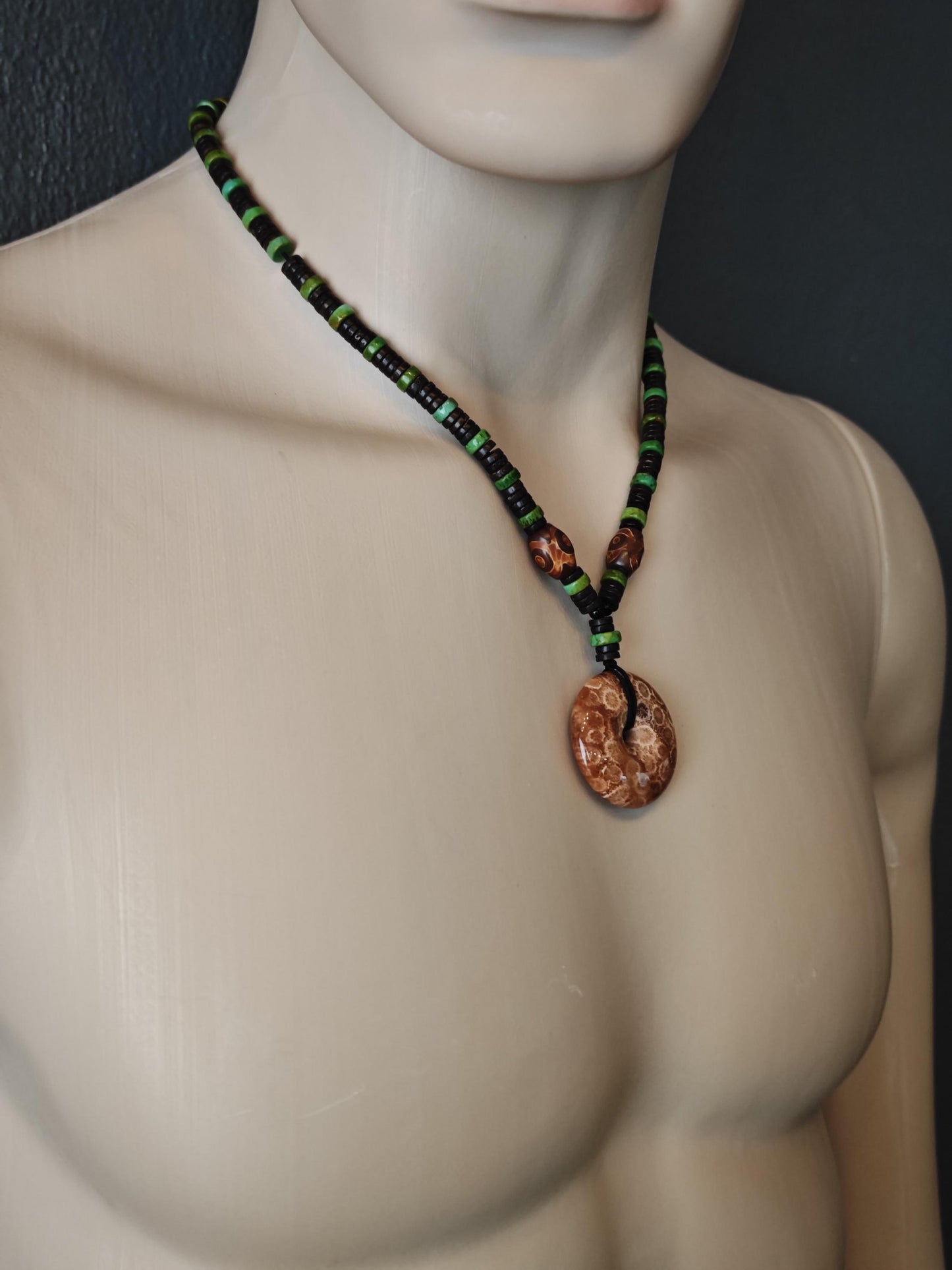 Indonesian Coral Fossil Necklace | Chrysanthemum Pattern, Mini Dzi, Turquoise | Ethnic Tribal Boho