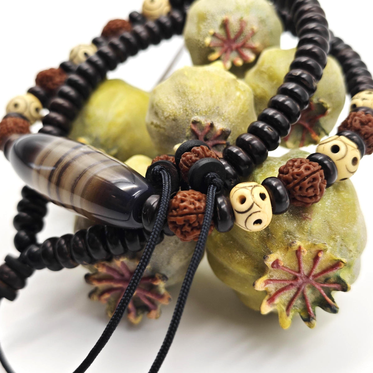 Handmade Sardonyx Agate Necklace with Rudraksha & Yak Bone, Ethnic Spiritual Boho Jewelry