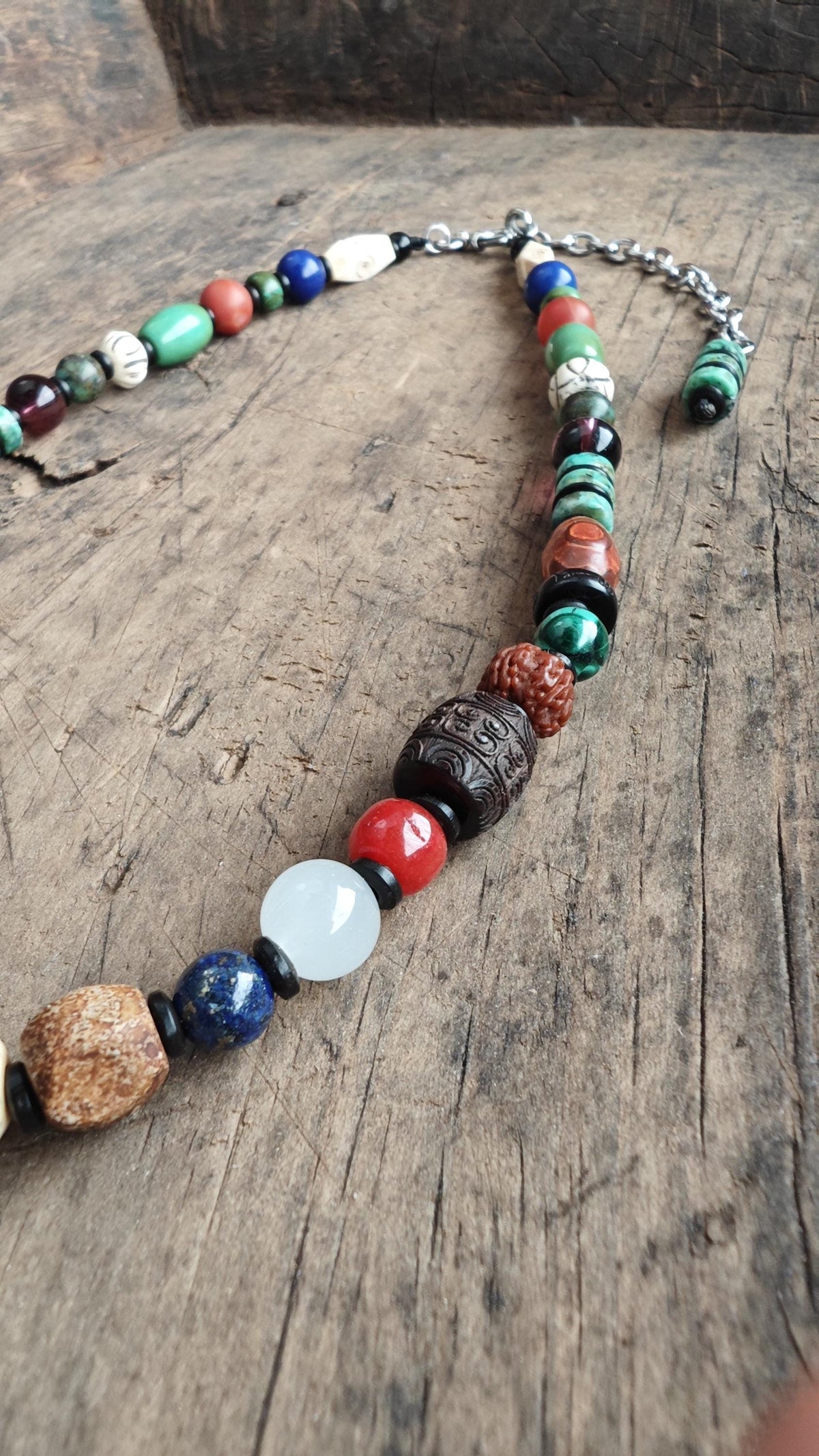 Vintage 3-Eye Dzi Bead Multi Gemstone Necklace, Turquoise Lapis Lazuli Mala, Boho Yoga Amulet