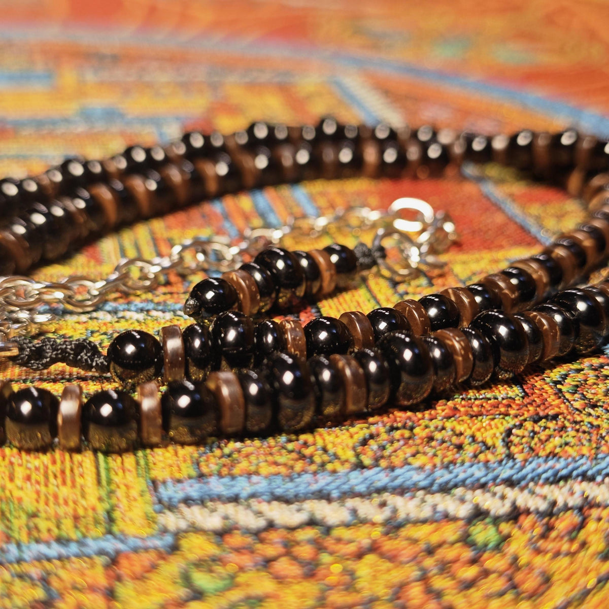 Black Onyx Agate Beaded Necklace, Thai Naga Hook Pendant, Ethnic Tribal Boho Chic Jewelry