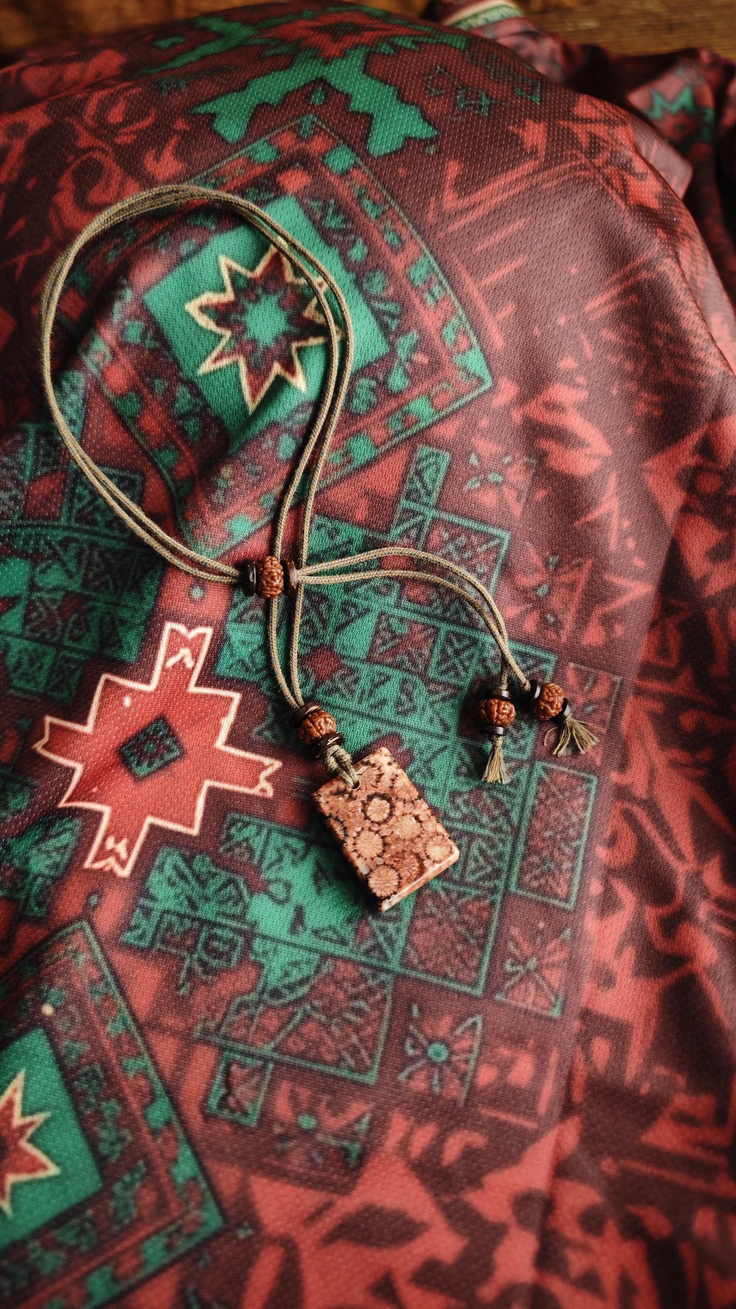 Coral Fossil Pendant Necklace, Rudraksha Mala, Coconut Disc, Tribal Choker (Adjustable 40-60cm)