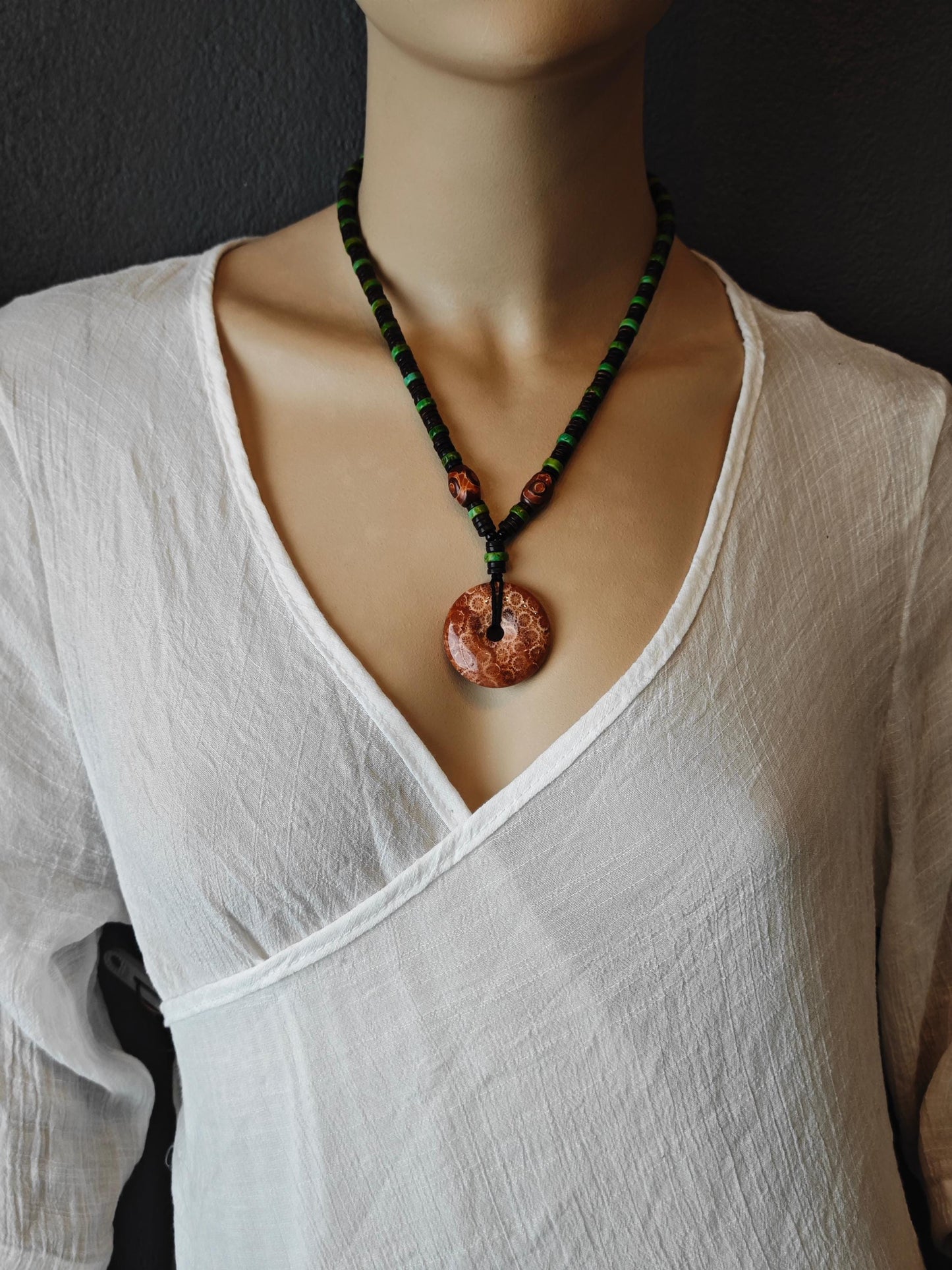 Indonesian Coral Fossil Necklace | Chrysanthemum Pattern, Mini Dzi, Turquoise | Ethnic Tribal Boho