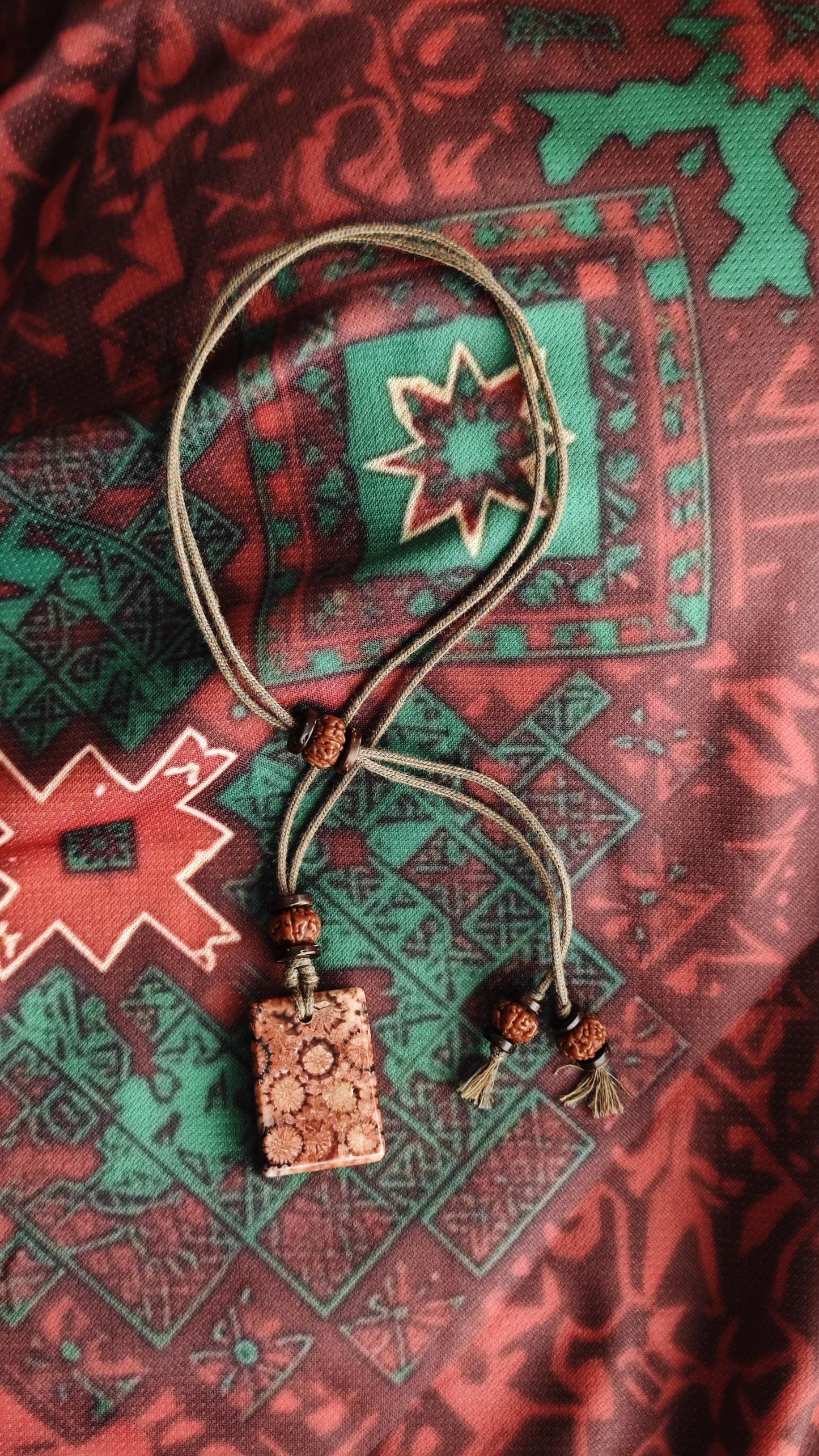 Coral Fossil Pendant Necklace, Rudraksha Mala, Coconut Disc, Tribal Choker (Adjustable 40-60cm)