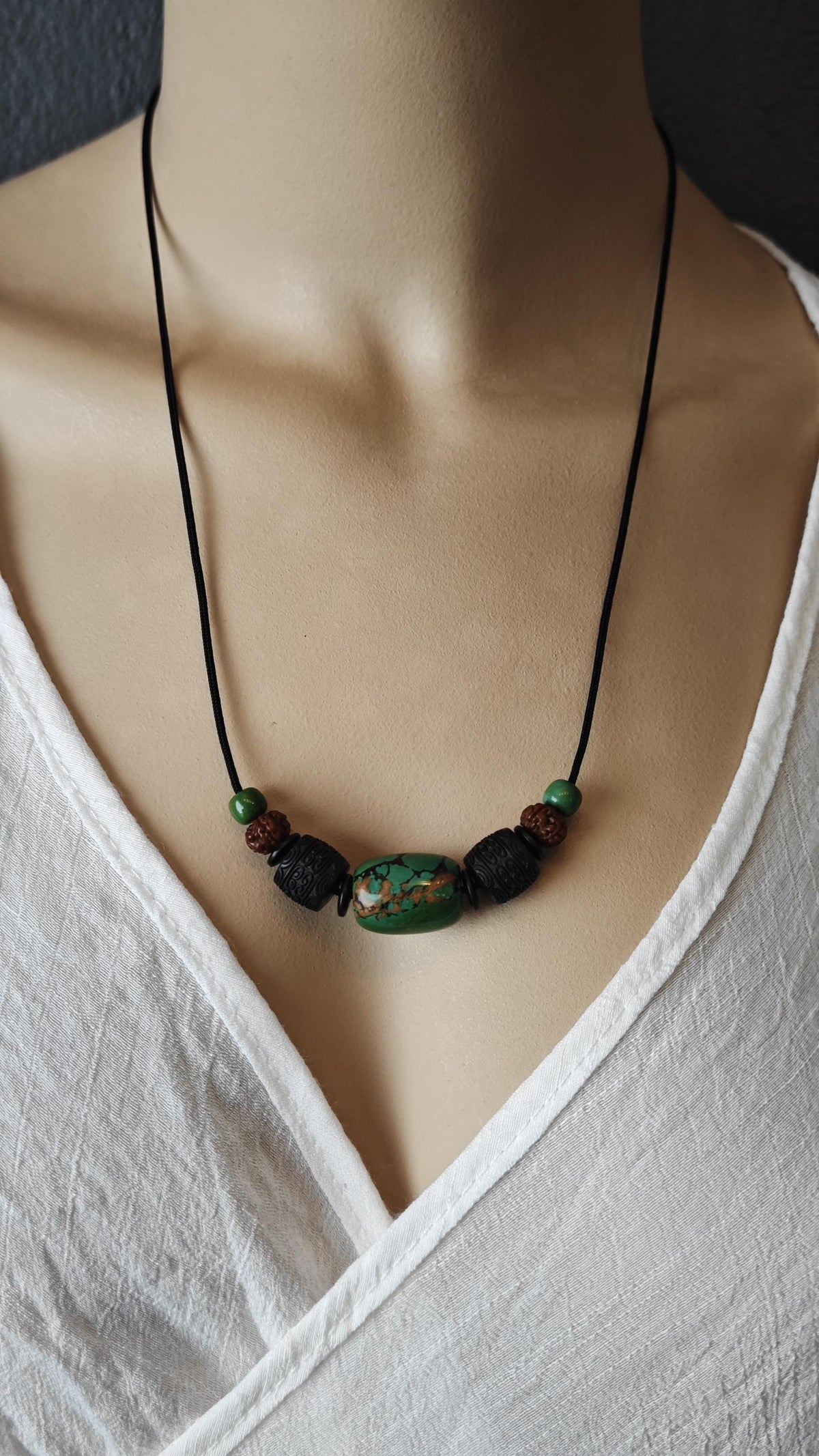 Genuine Turquoise Barrel Necklace, Hand Carved Hardwood Choker, Rudraksha Mala Beads, Tribal Boho Amulet 40-65cm