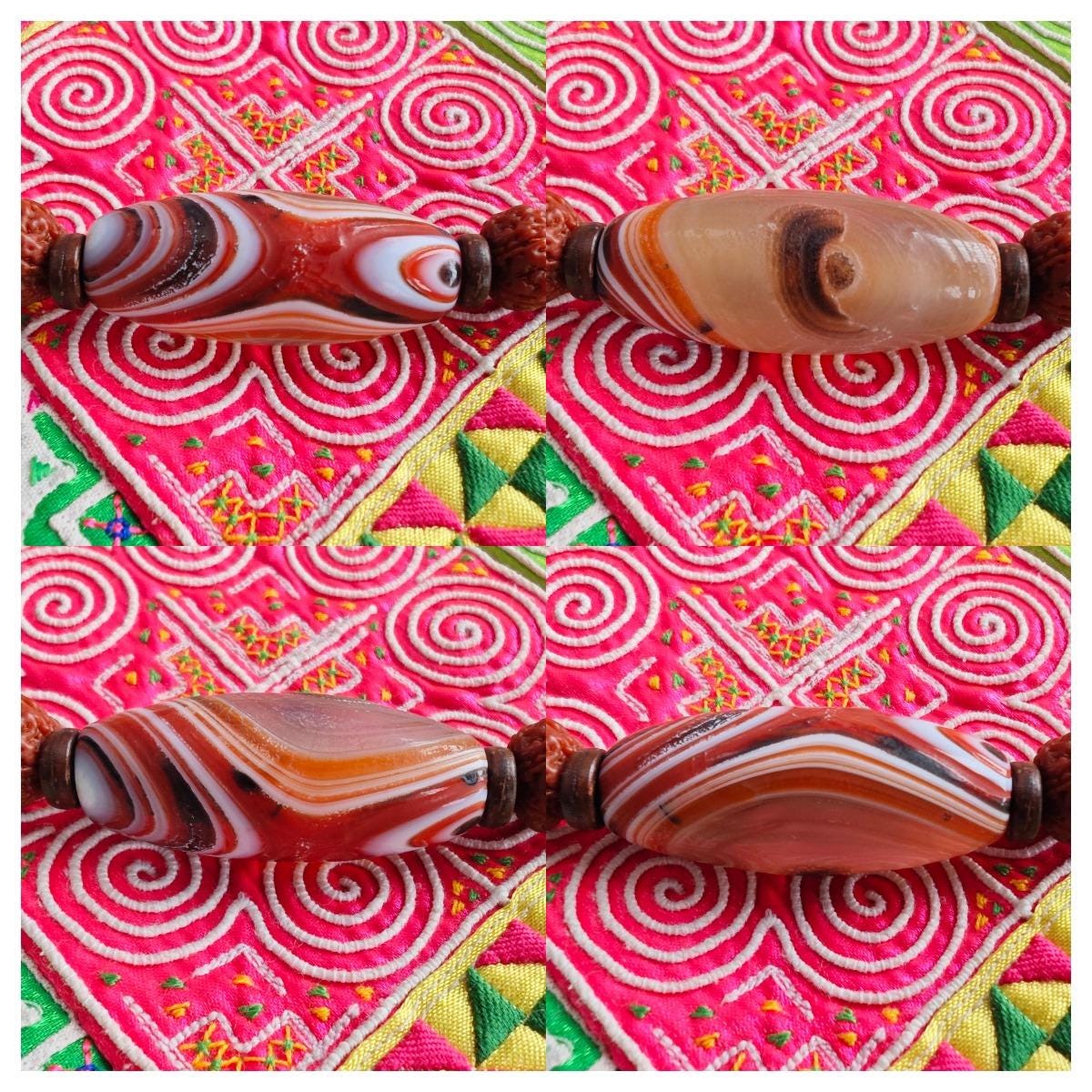 Vintage Banded Agate Bead Necklace, Rudraksha Mala Hand Carved Wood Choker, Turquoise Coconut Disc Amulet, Tribal Jewelry 46-68cm