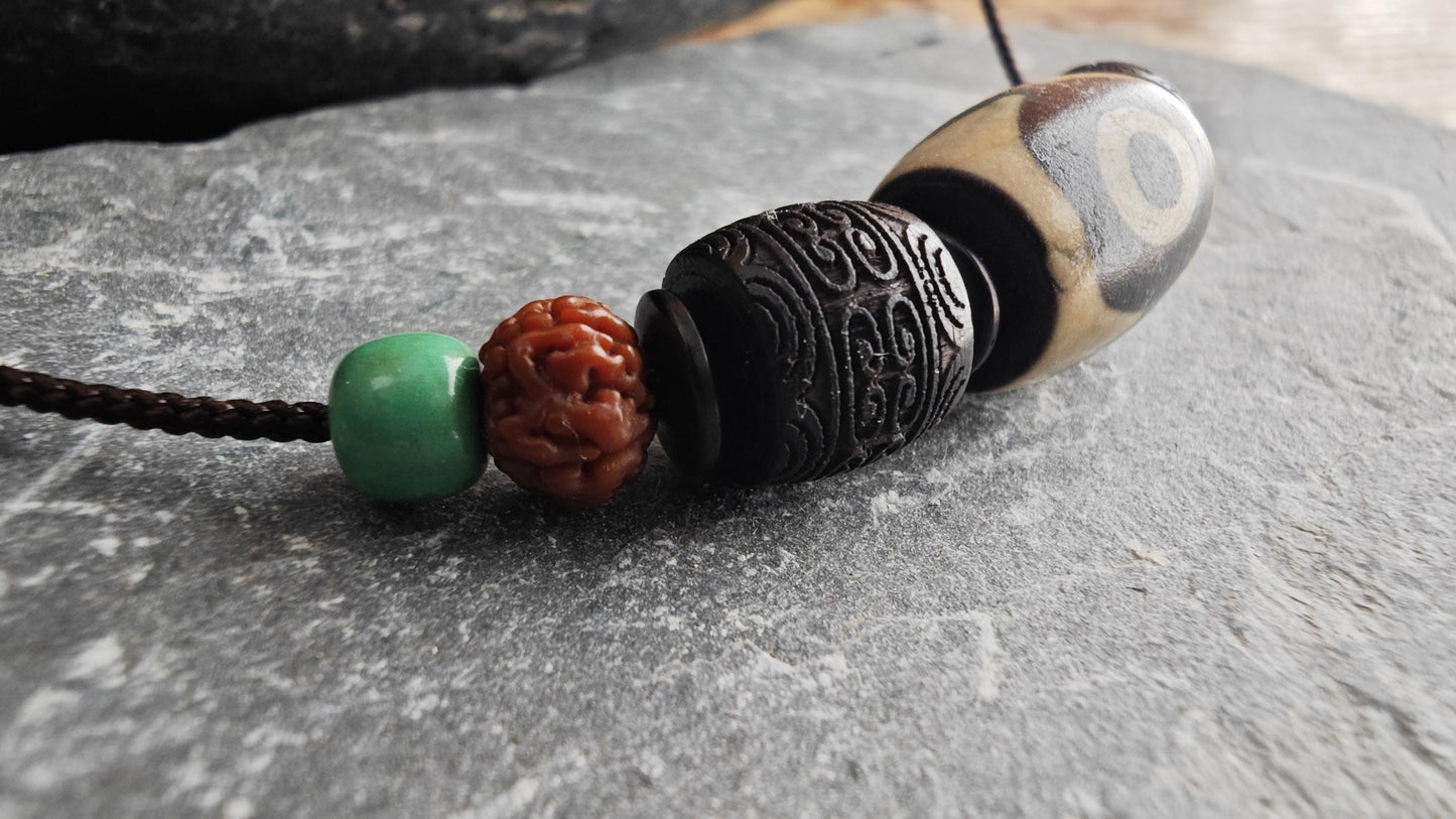 Vintage Tibetan Dzi Bead Necklace, Hand-Carved Hardwood, Rudraksha Mala, Turquoise Pendant