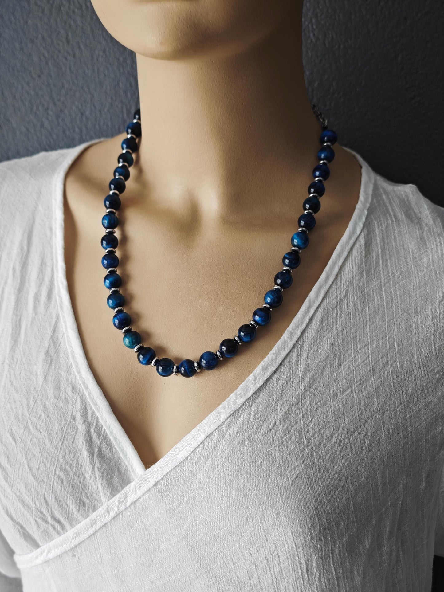 Handmade Blue Tiger's Eye Necklace with Hematite, Adjustable Ethnic Boho Jewelry