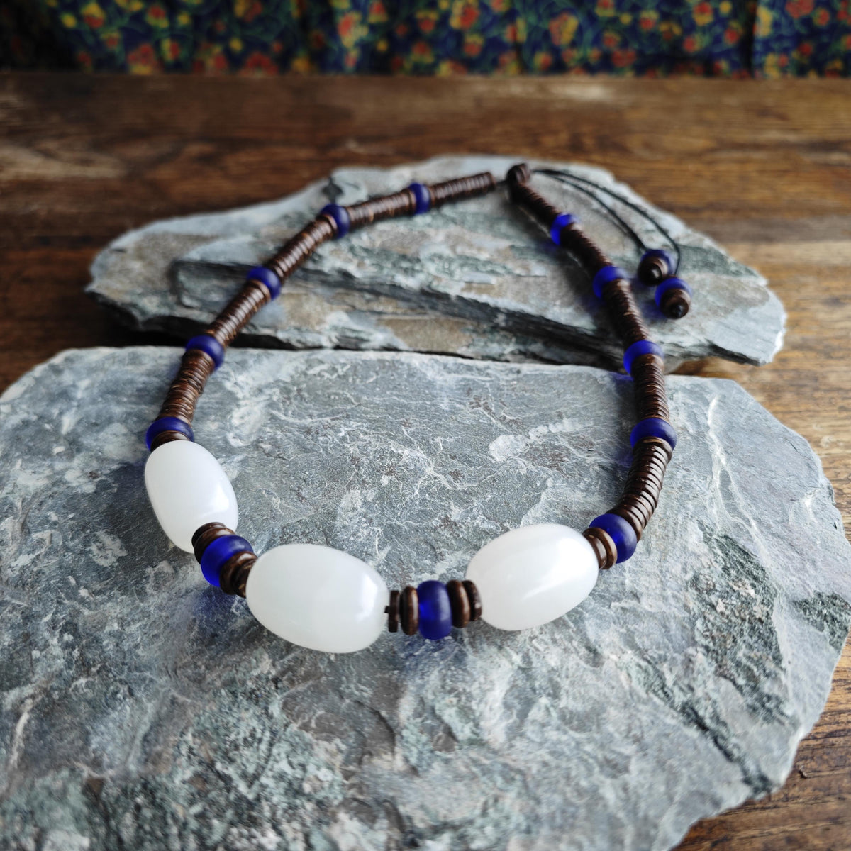 Mutton Fat White Jade Necklace, Cobalt Blue Liuli Bead Choker, Coconut Shell Heishi Chain, Zen Boho Jewelry, Unisex Gemstone Necklace 50cm