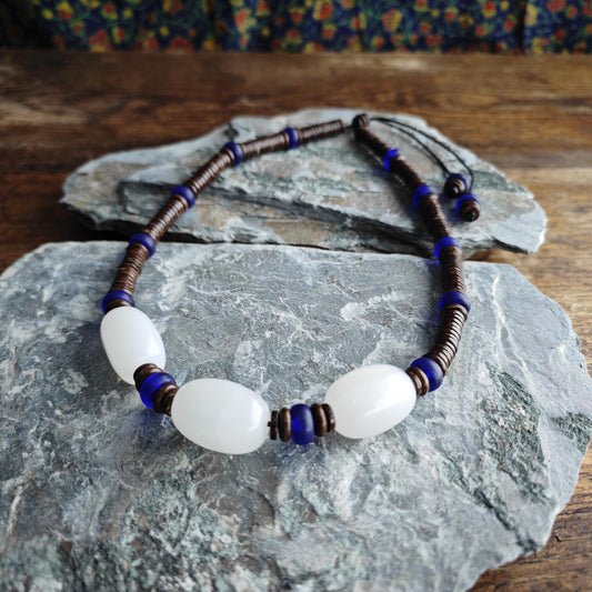 Mutton Fat White Jade Necklace, Cobalt Blue Liuli Bead Choker, Coconut Shell Heishi Chain, Zen Boho Jewelry, Unisex Gemstone Necklace 50cm
