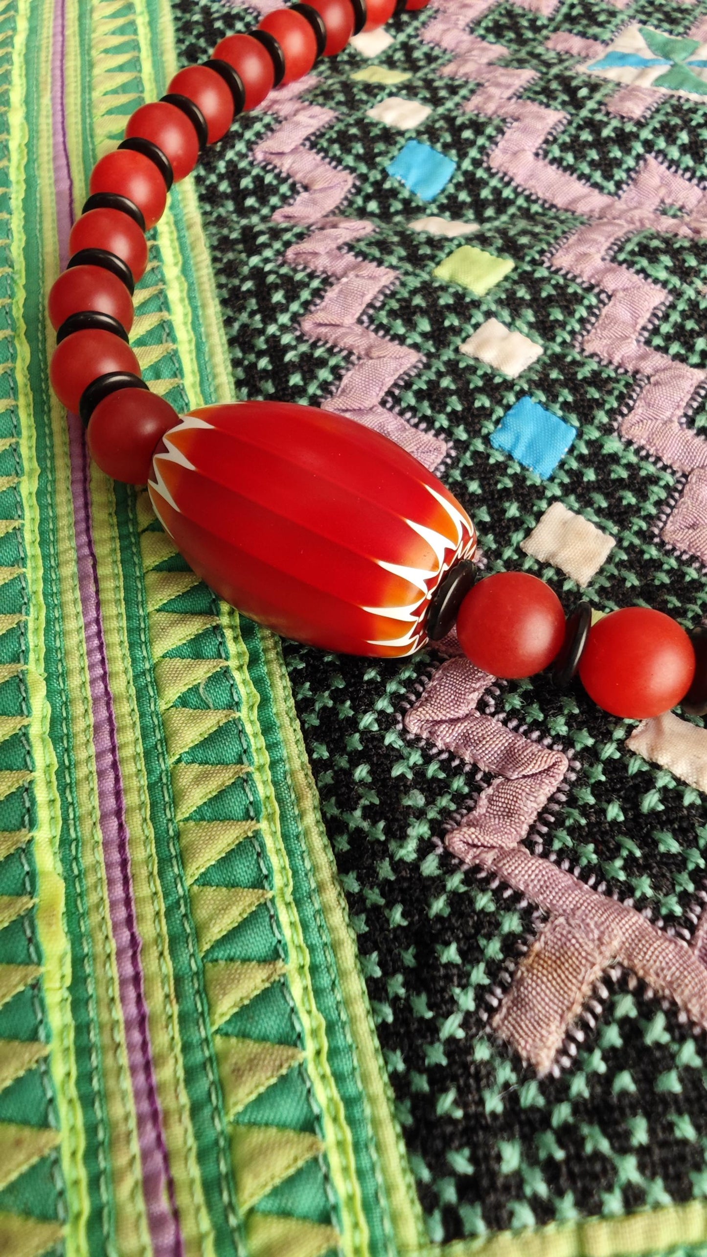 Red Chevron African Trade Bead Necklace, Nan Hong Agate, Coconut Disc, Stainless Steel Clasp