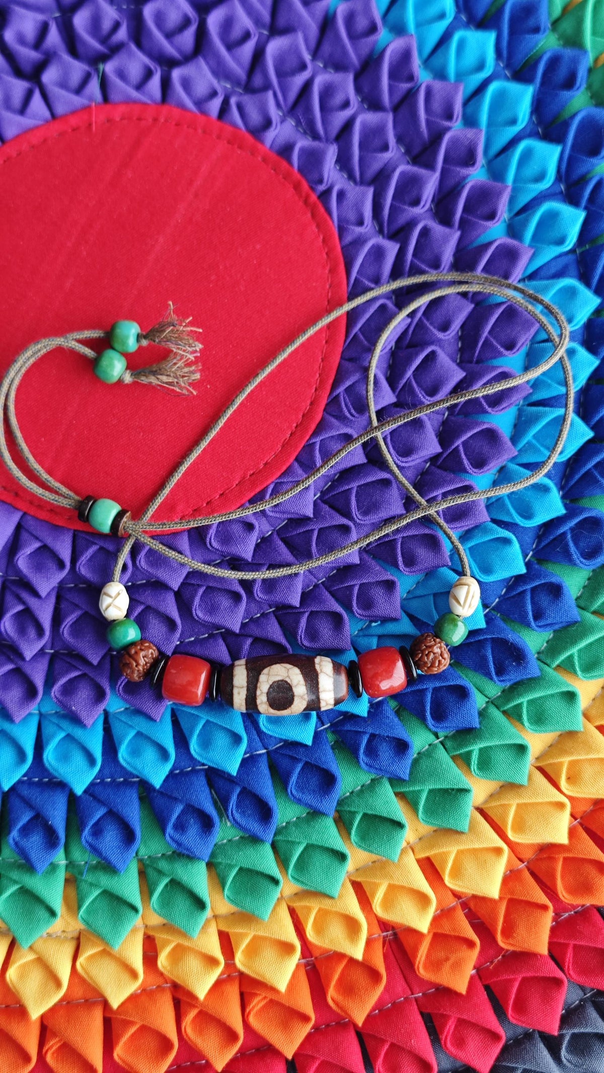 Vintage Tibetan Dzi Bead Necklace, Nan Hong Red Agate, Rudraksha, Yak Bone, Turquoise Amulet