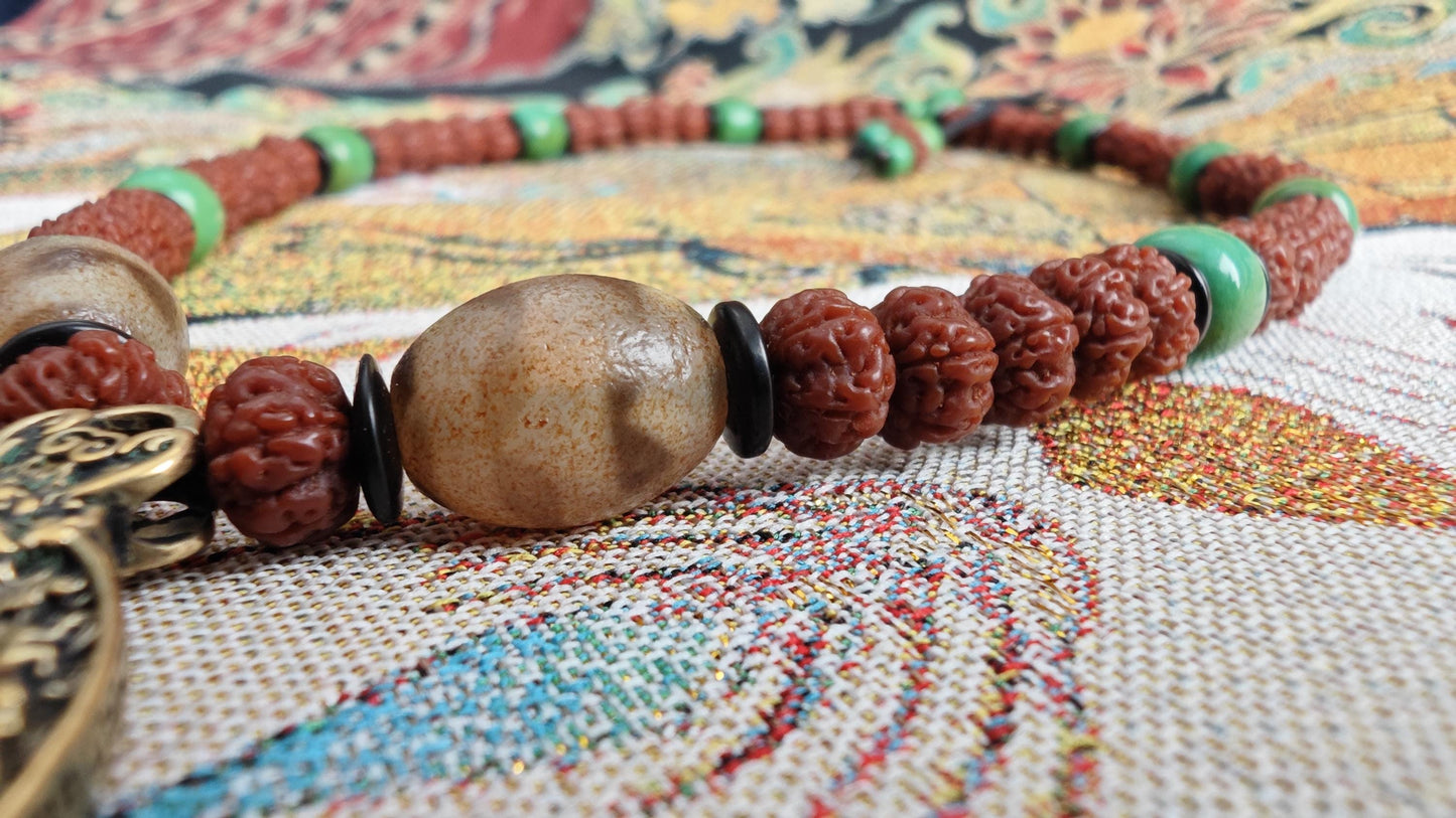 Vintage Tibetan Brass Pendant Necklace, Rudraksha Turquoise Boho Tribal Amulet