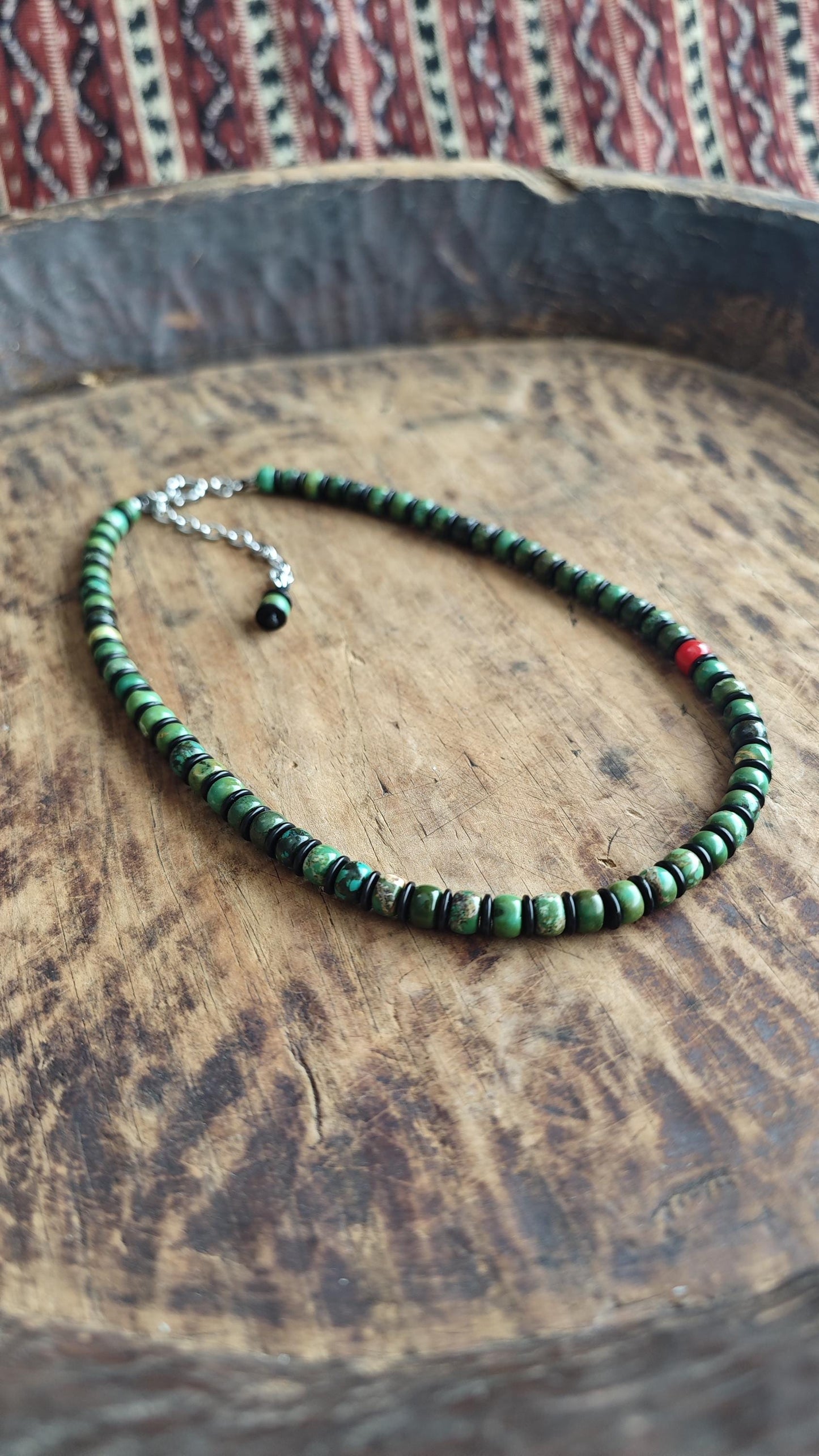 Turquoise Disc Beaded Necklace, Red Agate Accent, Coconut Shell Choker, Unisex Surfer Jewelry (50-58cm)