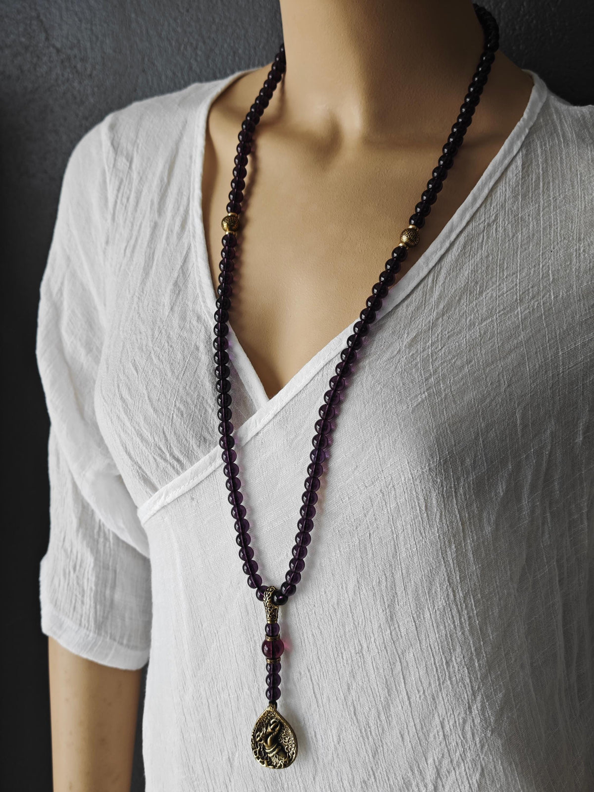 Long Purple Liuli & Copper Beaded Necklace with Statement Pendant | Spiritual Ethnic Boho Long Jewelry