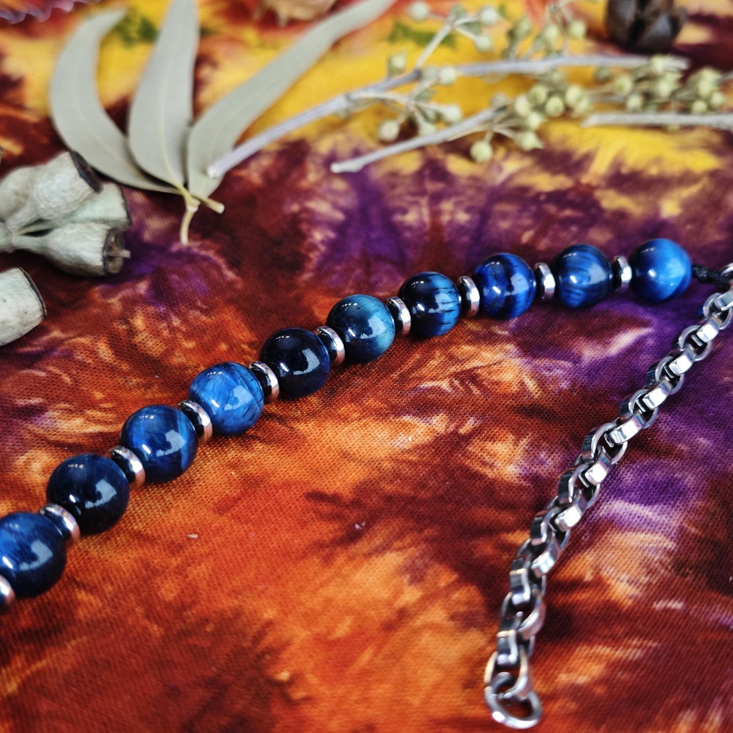 Handmade Blue Tiger's Eye Necklace with Hematite, Adjustable Ethnic Boho Jewelry
