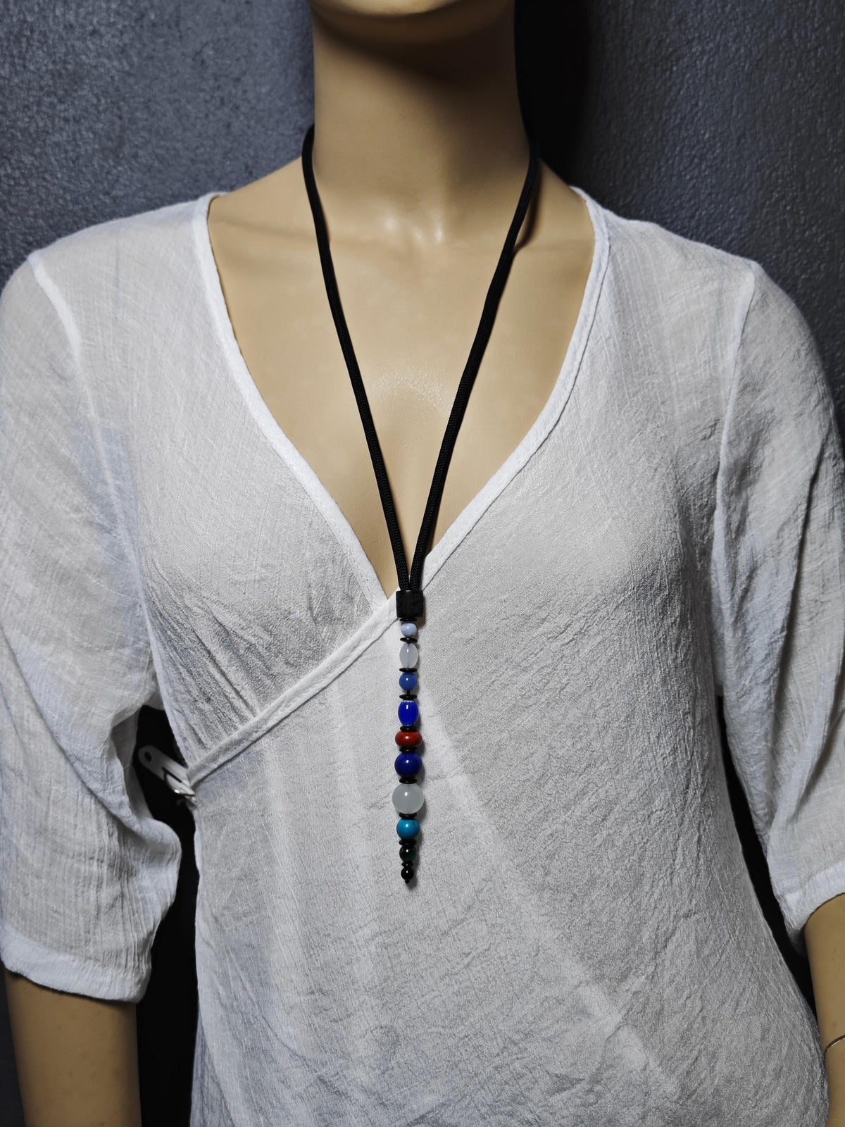 Multi-Gemstone Beaded Pendant Necklace, Mutton Fat White Jade, Lapis Lazuli, Turquoise, African Trade Bead, Long Boho Black Cord Necklace