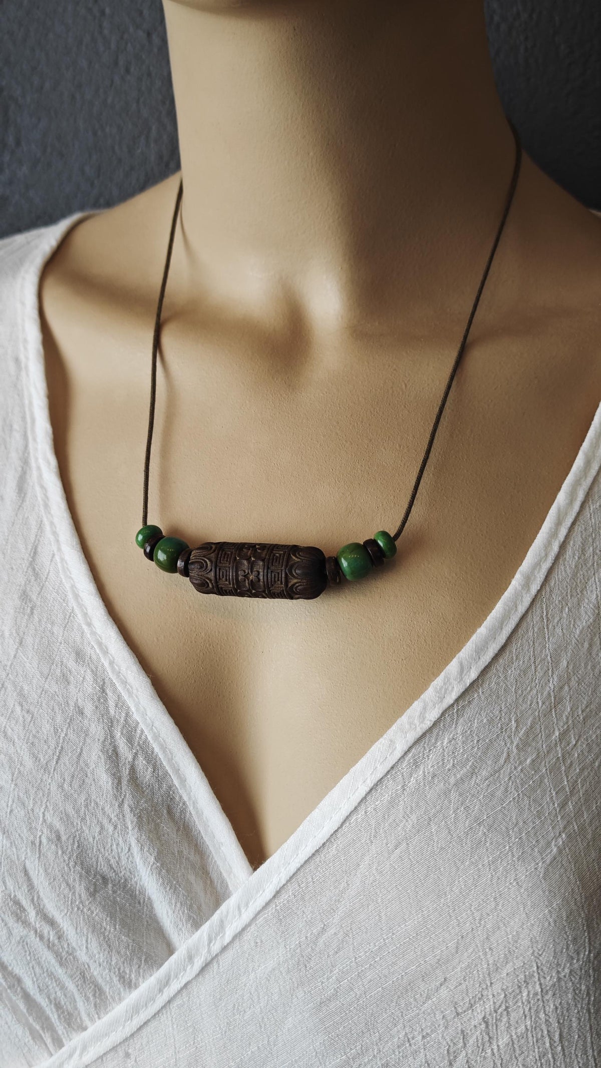 Hand Carved Hardwood Necklace, Large Carved Wood Bead Choker, Turquoise Tribal Boho Amulet, Adjustable Cord Pendant 40-70cm