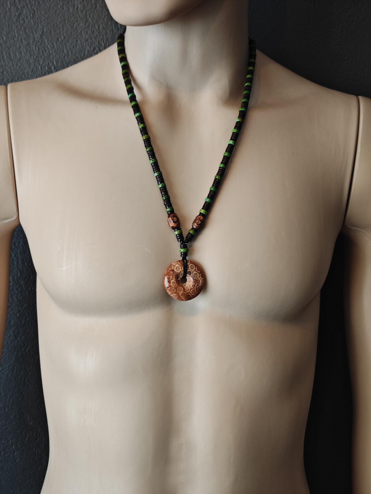 Indonesian Coral Fossil Necklace | Chrysanthemum Pattern, Mini Dzi, Turquoise | Ethnic Tribal Boho