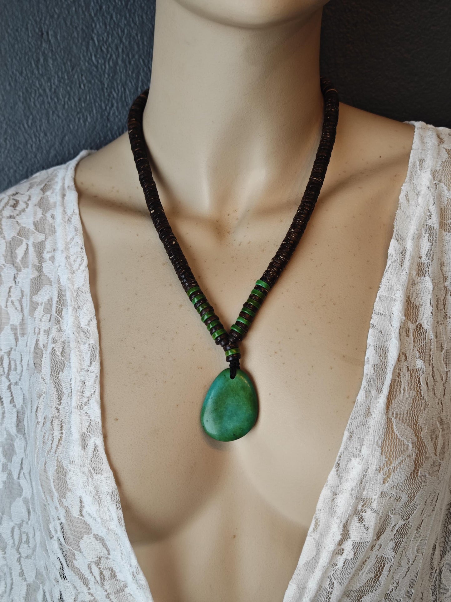 Handmade Turquoise Pendant Necklace with Coconut Beads | Ethnic Tribal Bohemian Jewelry