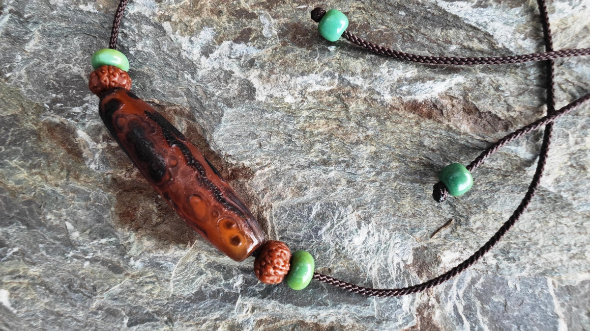 Tibetan Banded Agate Dzi Bead Necklace, Turquoise Rudraksha Mala Choker, Zen Tribal Boho Amulet, Adjustable Cord Pendant 40-70cm