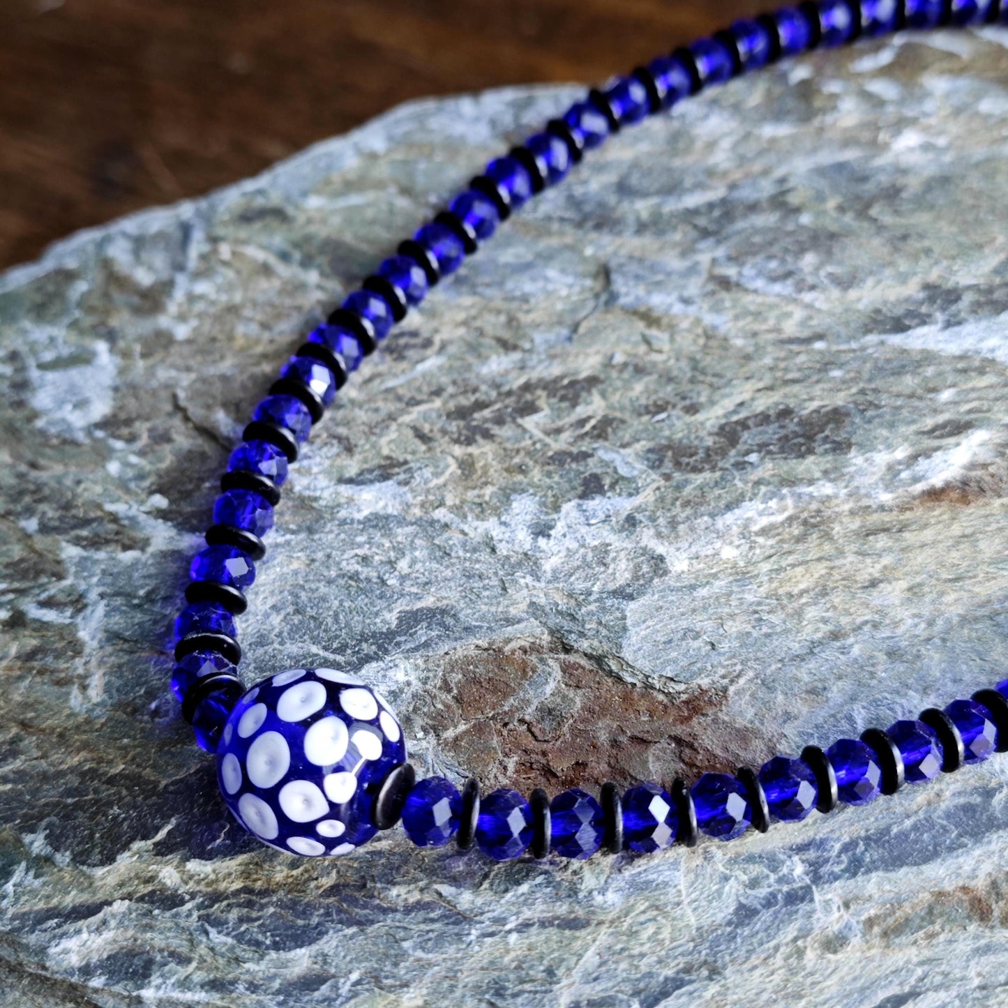 Handmade Chinese Liuli Bead Necklace with Blue Crystal & Coconut Spacers | Ethnic Bohemian Long Necklace