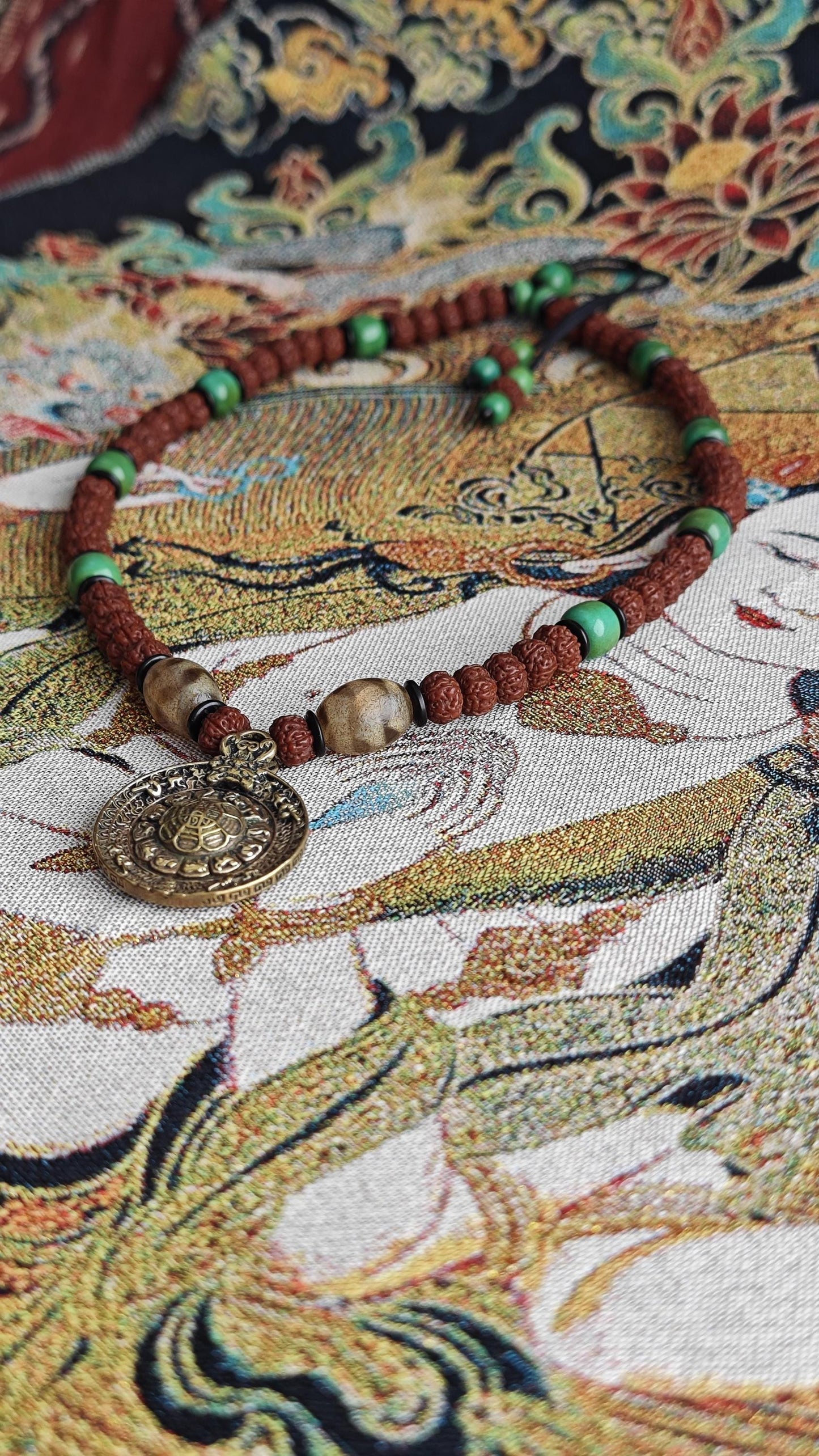 Vintage Tibetan Brass Pendant Necklace, Rudraksha Turquoise Boho Tribal Amulet