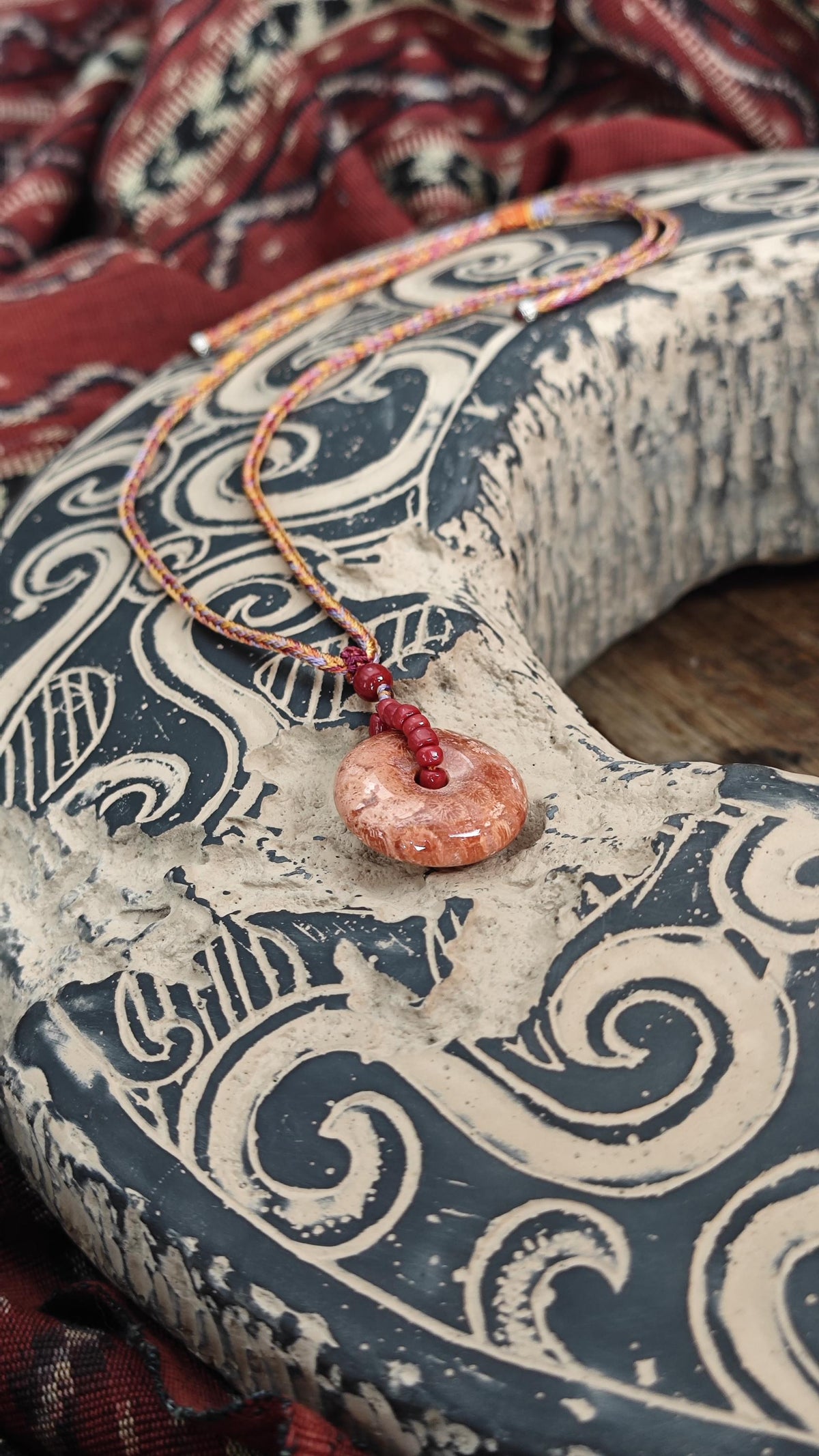 Fossil Coral Donut Pendant Necklace, Fossilized Coral Pi Disc, Tribal Boho Gemstone Amulet, Hand Braided Cord, Adjustable 40-60cm
