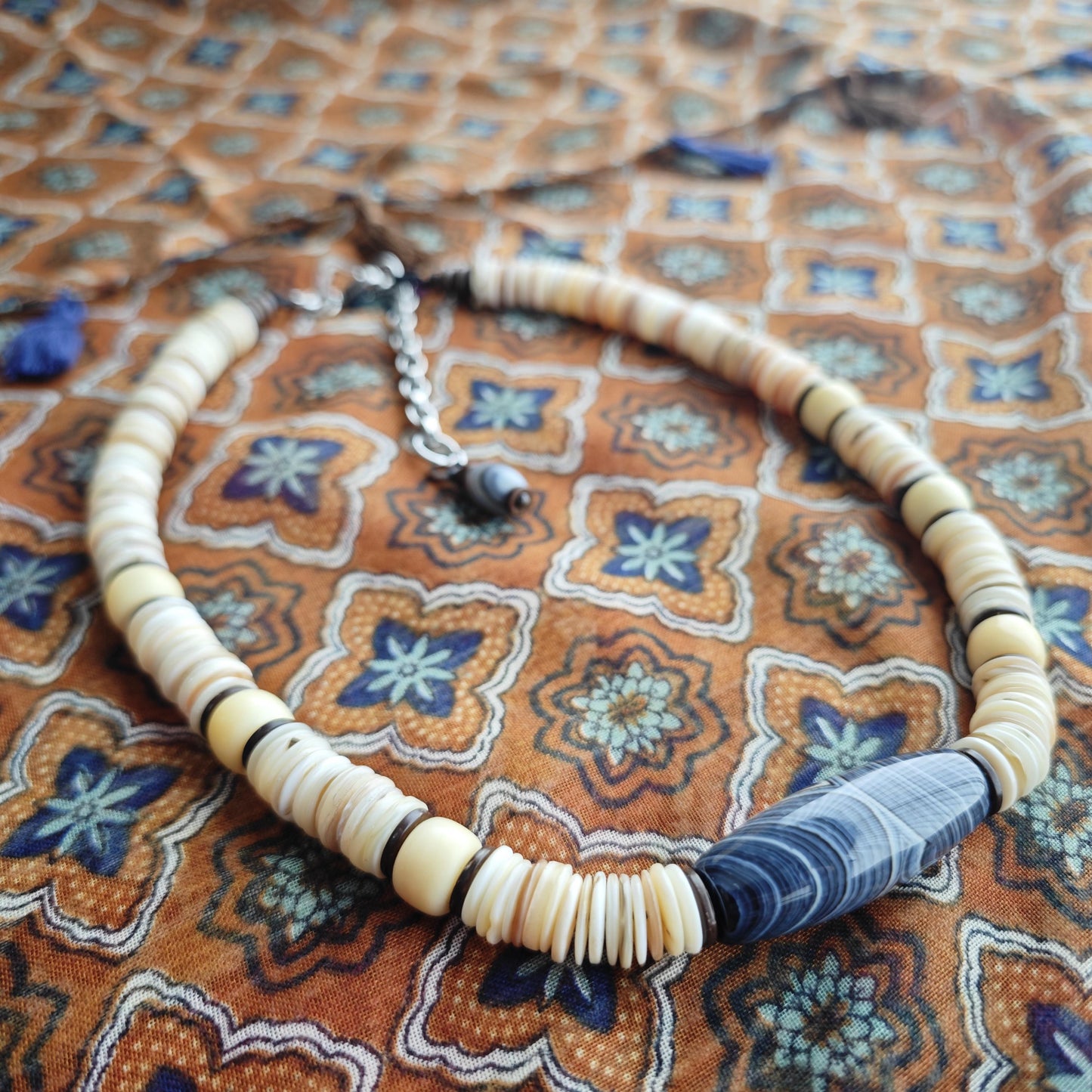 Banded Agate Statement Necklace, Natural Yak Bone Choker, Coconut Disc Beaded Chain, Tribal Boho Amulet, Adjustable Men Women Gift 52-64cm