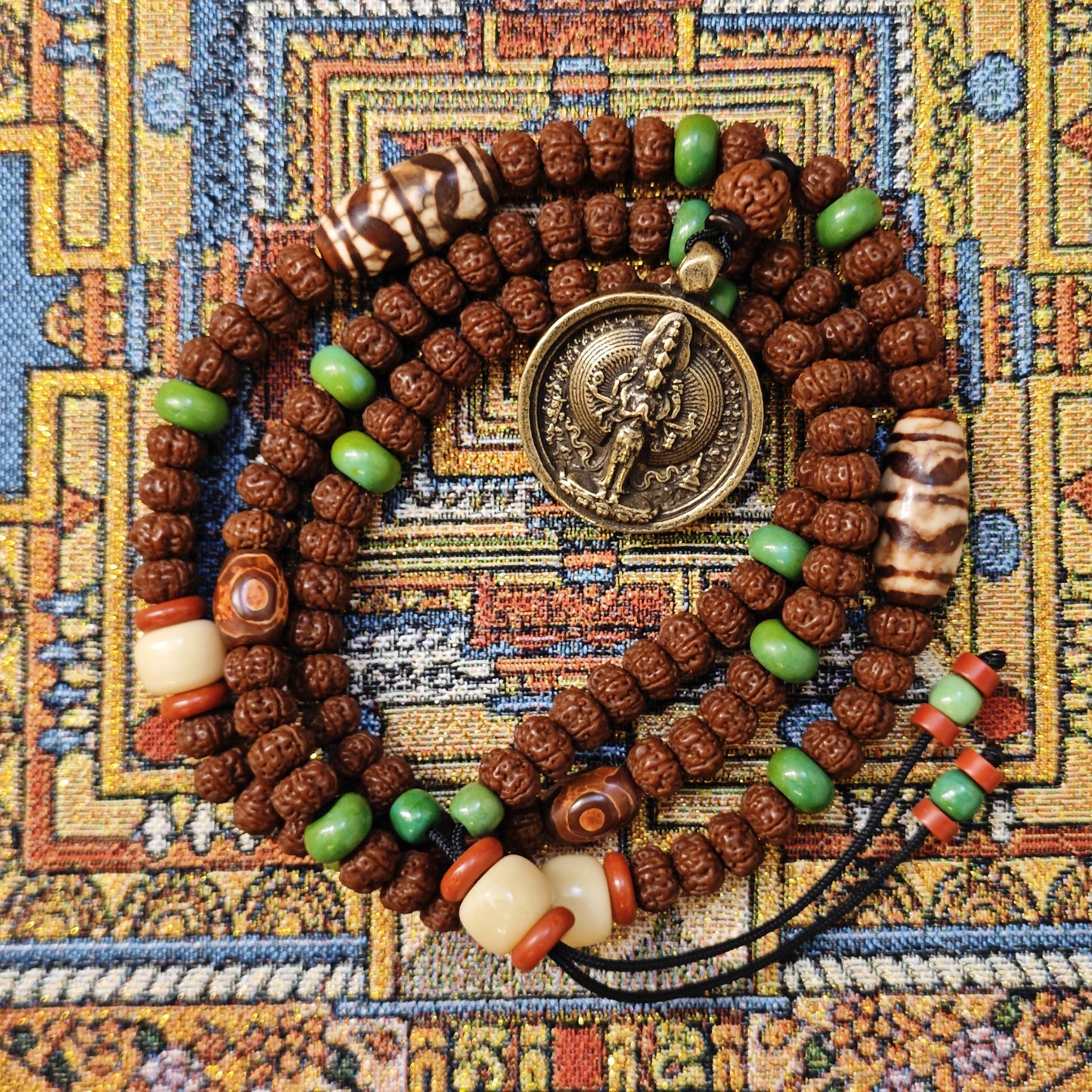 Vintage Tibetan Dzi Bead Necklace, Brass Amulet Pendant, Long Tribal Mala 80cm, Yak Bone & Turquoise Boho Jewelry, Spiritual Yoga Gift