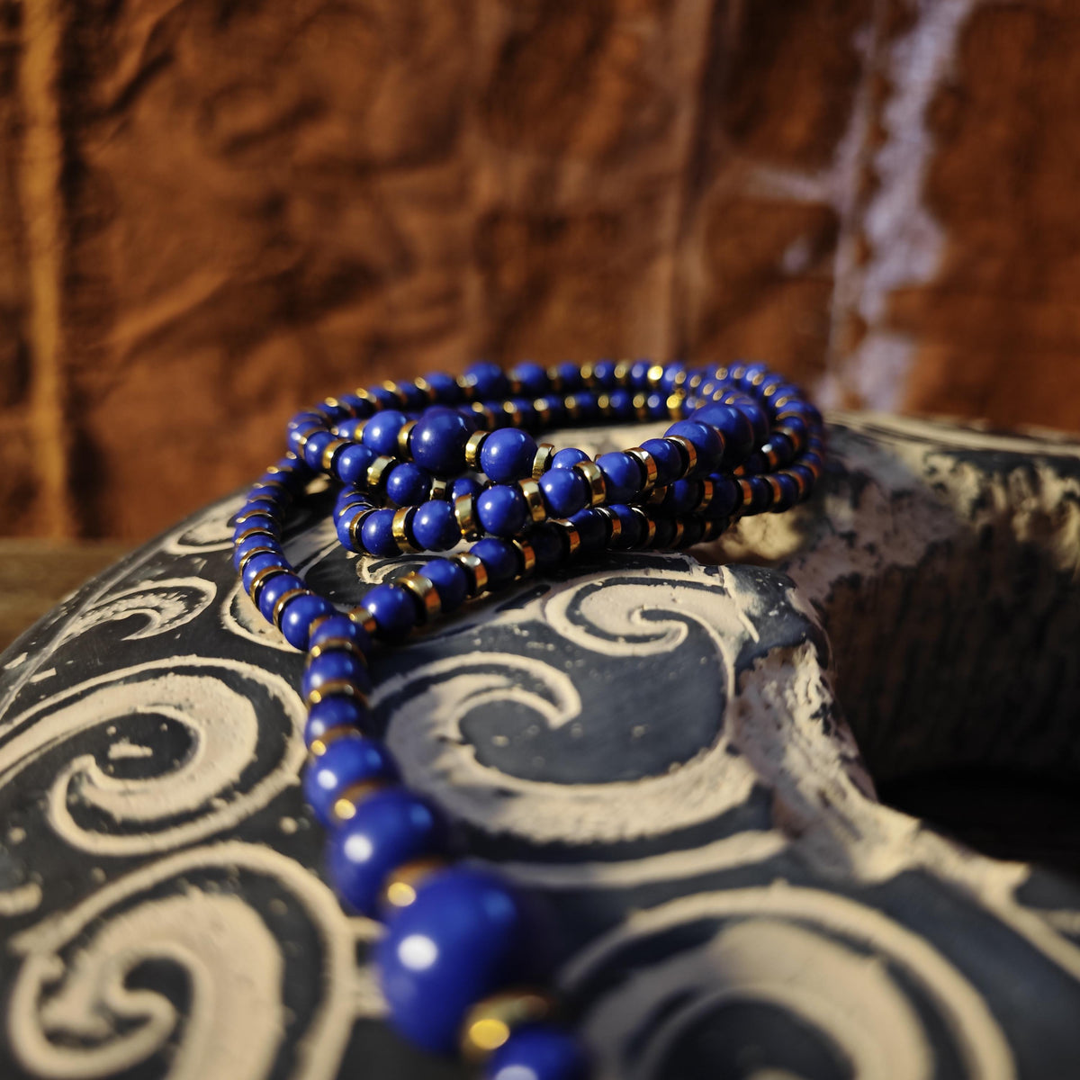 Handmade Long Lapis Lazuli Necklace with Hematite, Spiritual Ethnic Bohemian Jewelry