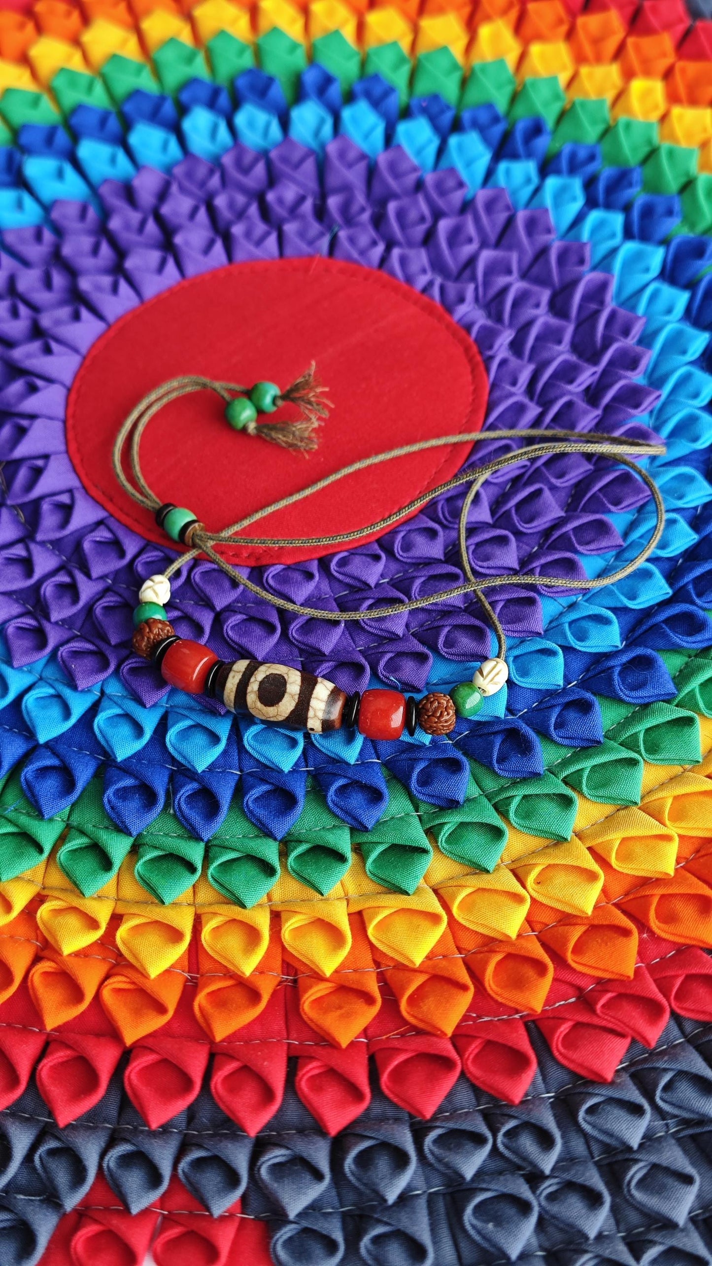 Vintage Tibetan Dzi Bead Necklace, Nan Hong Red Agate, Rudraksha, Yak Bone, Turquoise Amulet