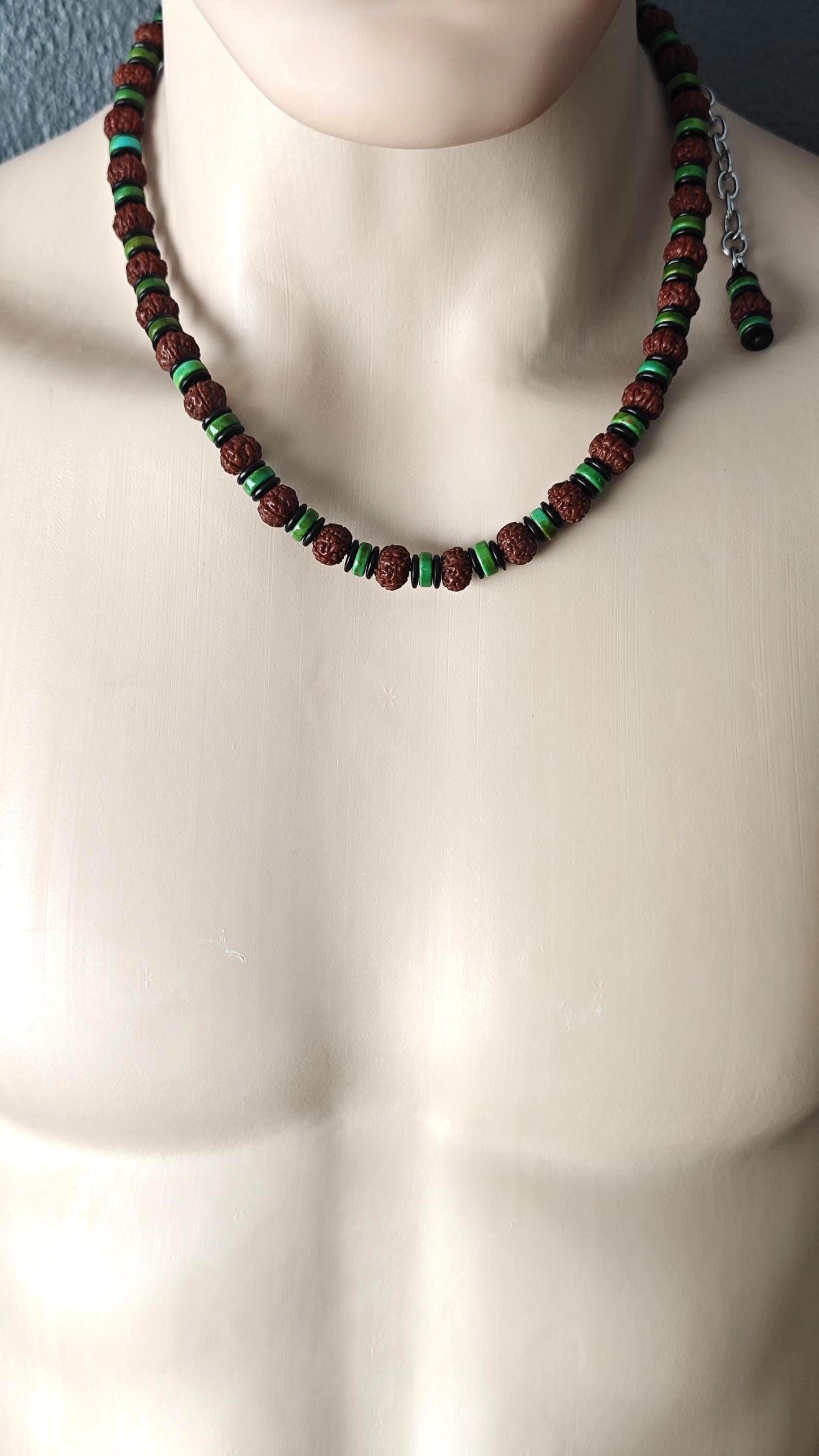 Natural Rudraksha Mala Bead Necklace, Turquoise Coconut Shell Disc, Ethnic Tribal Surfer Jewelry for Men Women, Stainless Steel 53-63cm