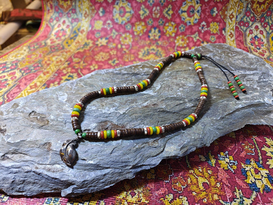 Boho Feather Pendant Beaded Necklace, Turquoise Yellow Jade Red Agate Choker, Yak Bone Tribal Surfer Jewelry, Unisex Gemstone Necklace 58cm