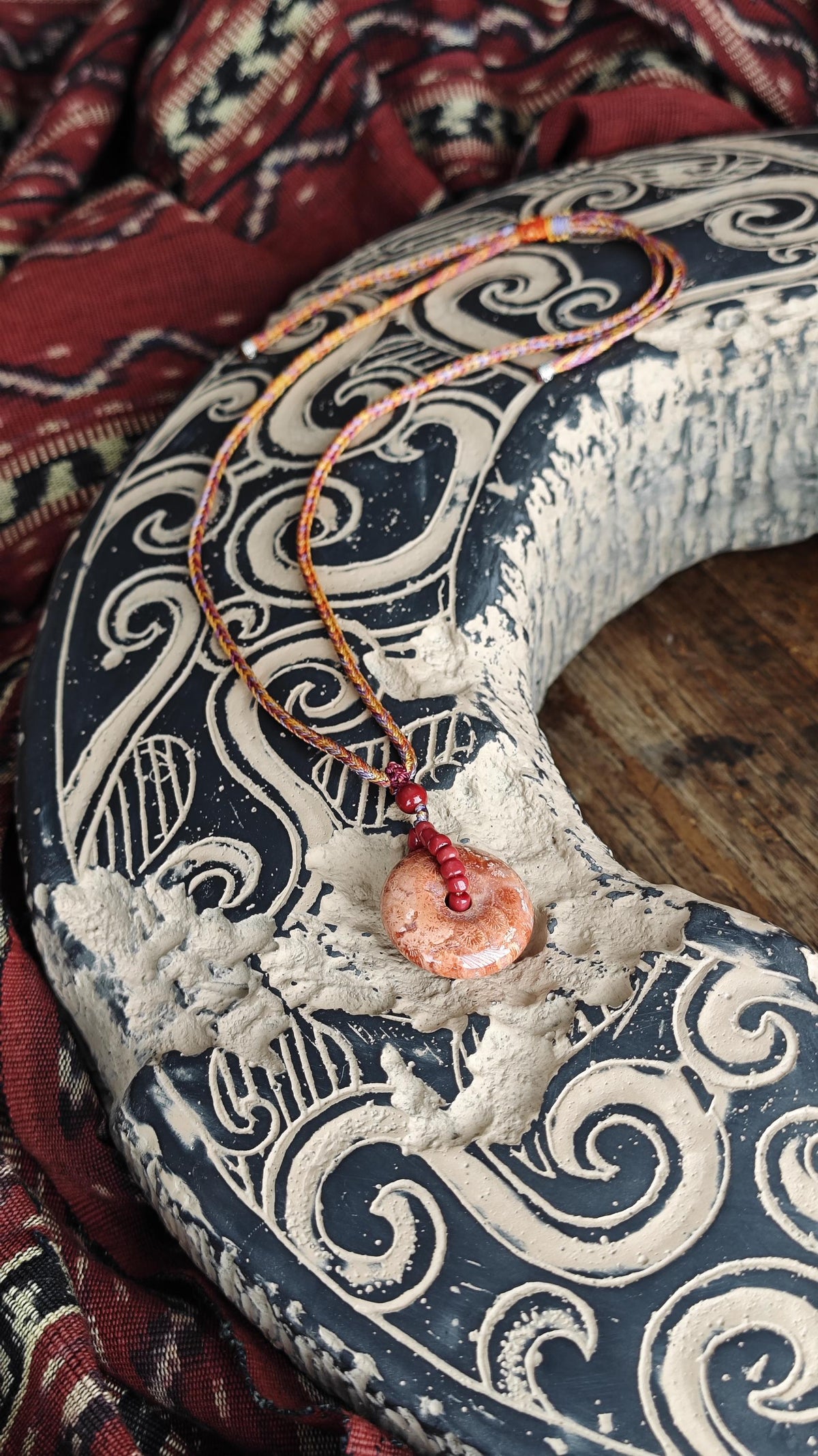 Fossil Coral Donut Pendant Necklace, Fossilized Coral Pi Disc, Tribal Boho Gemstone Amulet, Hand Braided Cord, Adjustable 40-60cm