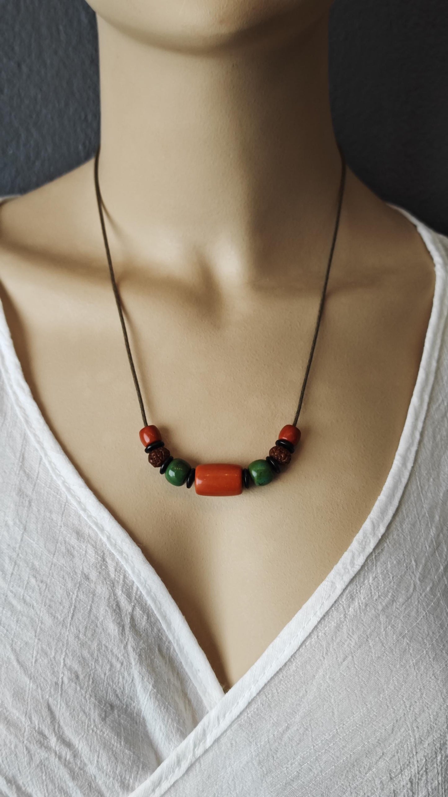 Red Agate Om Mani Padme Hum Necklace, Turquoise Rudraksha Mala Choker, Boho Adjustable Cord