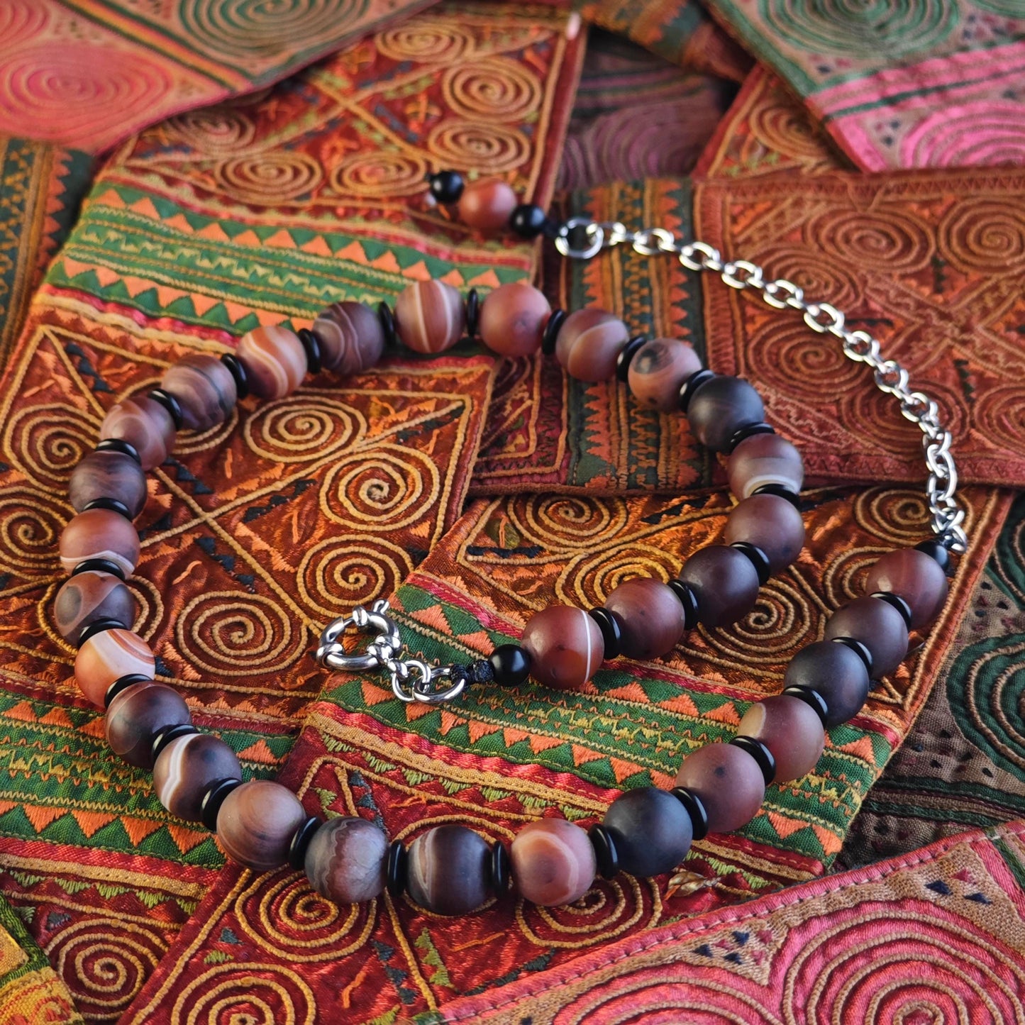 Handmade Matte Banded Agate Necklace with Coconut Spacers | Adjustable Ethnic Boho Jewelry