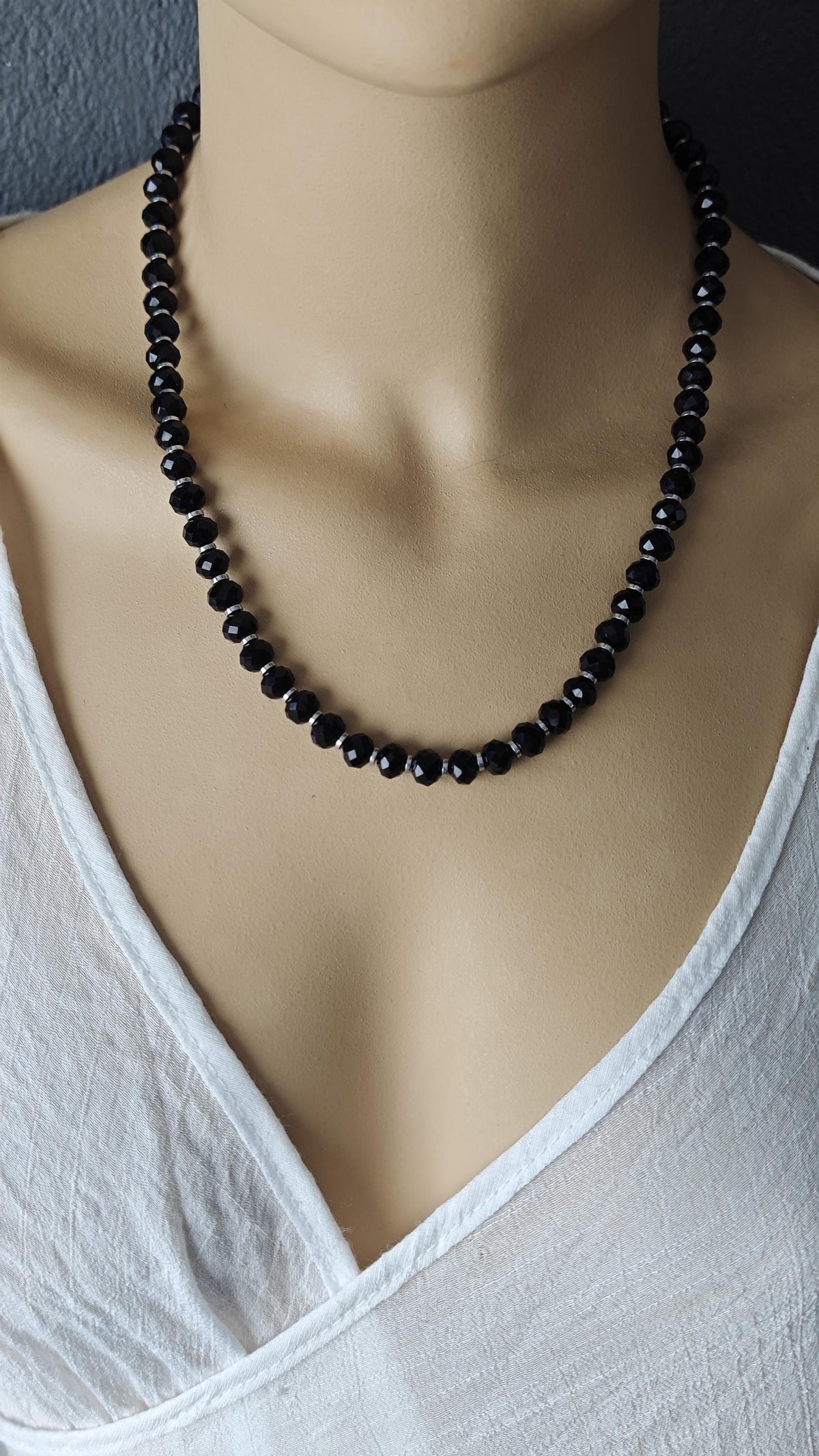 Jet Black Liuli Beaded Necklace Earring Set, Hematite Spacer, 925 Sterling Silver Hook, Gothic Elegant Glass Jewelry Set, 42-50cm